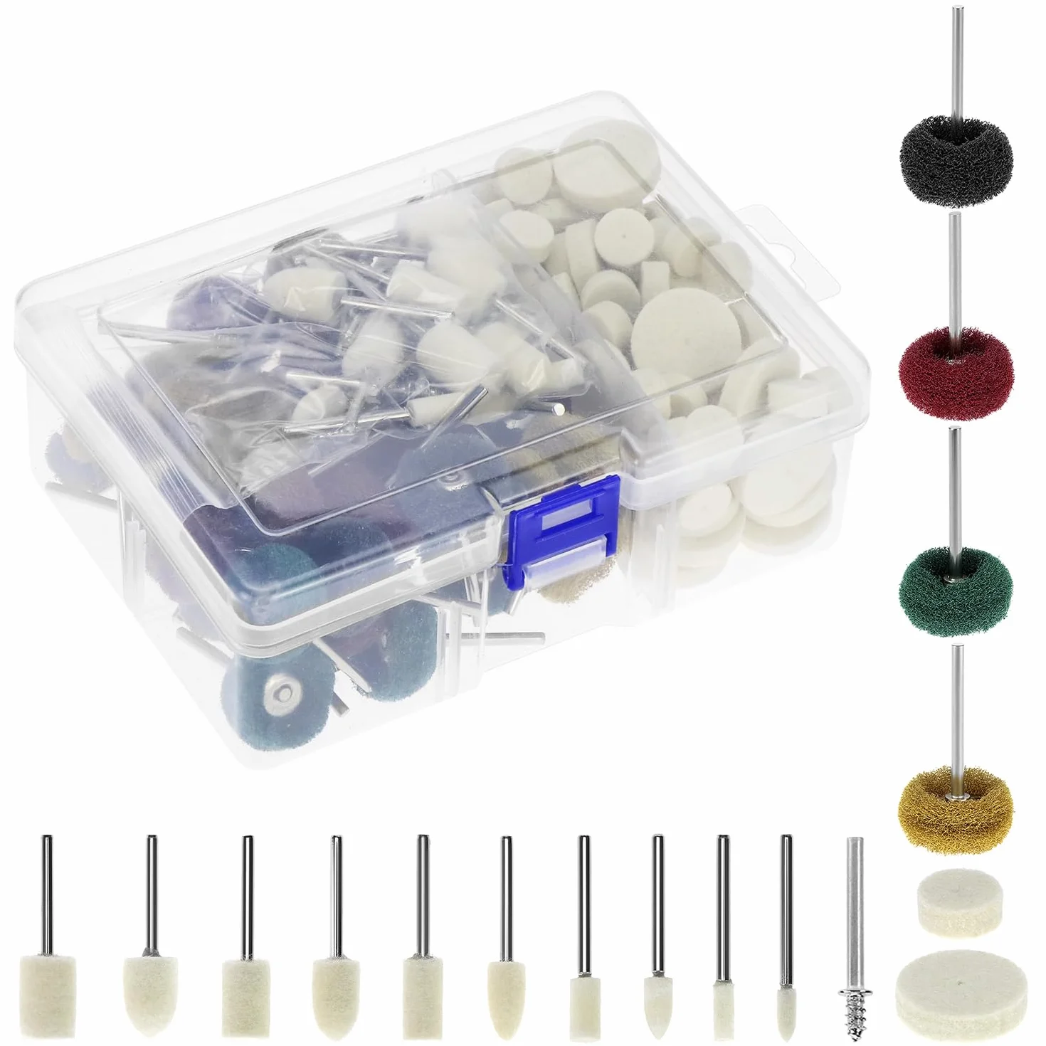 QWORK® juego de pulido multifuncional de 140 piezas con almohadillas de esponja y discos de lija, puntas de pulido de metal jade vidrio de vástago de 1/8"