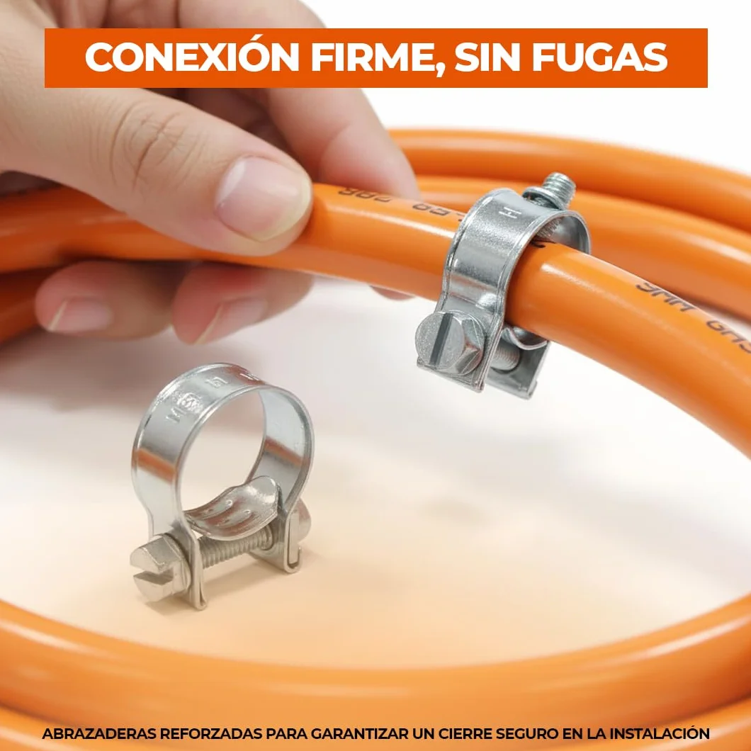 Kit Completo para Instalaciones de Gas Butano y Propano - Regulador de Gas 2,5 kg/h - Manguera Butano 1,5 mt 9-15 mm - 2 Abrazaderas