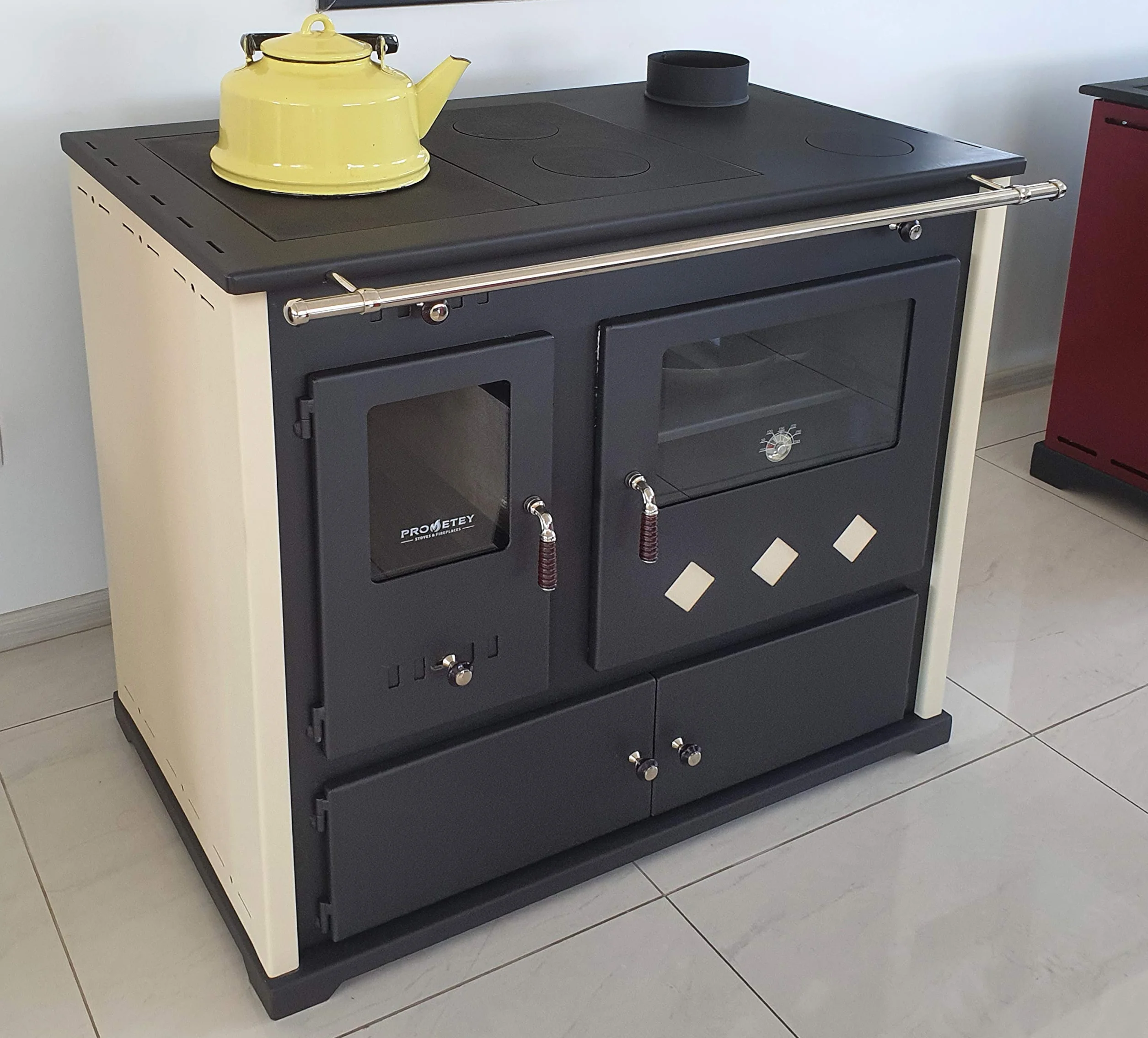 Estufa de leña Practik Lux 9,5 kW metal con compartimento y placa de cocción beige/negro