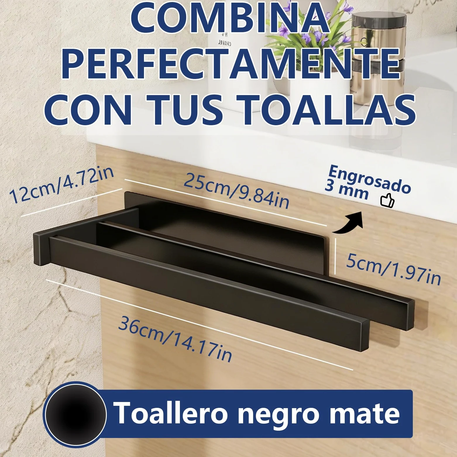 Feligio Toalleros de Baño Sin Taladro Negro 36 cm - Toallero Adhesivo Baño Acero Inoxidable Doble Barra - Fácil Instalación para Cocina y Baño
