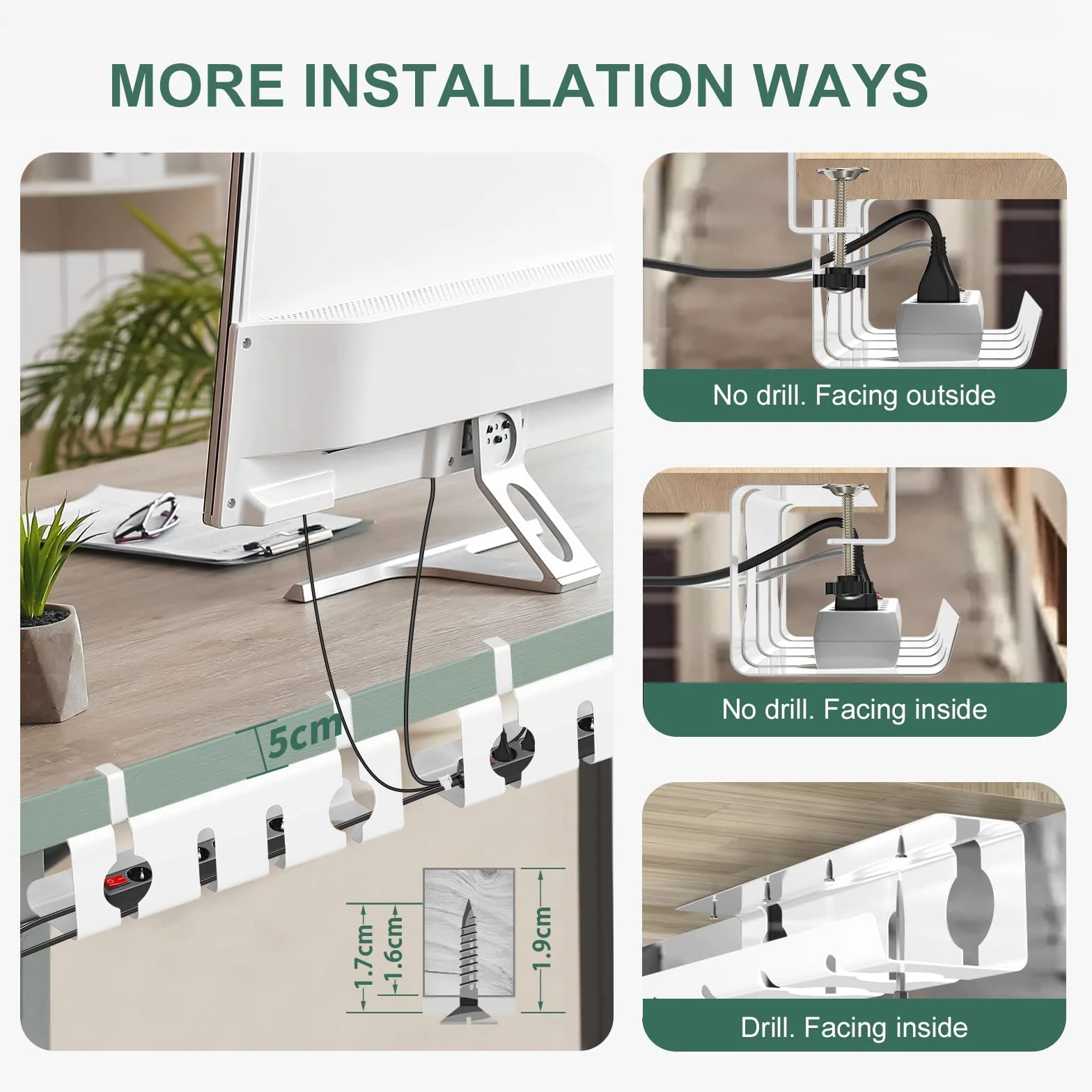 Bandeja Organizador Cables Escritorio, Juego de 2 Cable Management sin Necesidad de Taladrar, Recoge Cables Mesa Escritorio, 43cm Soporte de Cables para Hogar u Oficina, Blanco