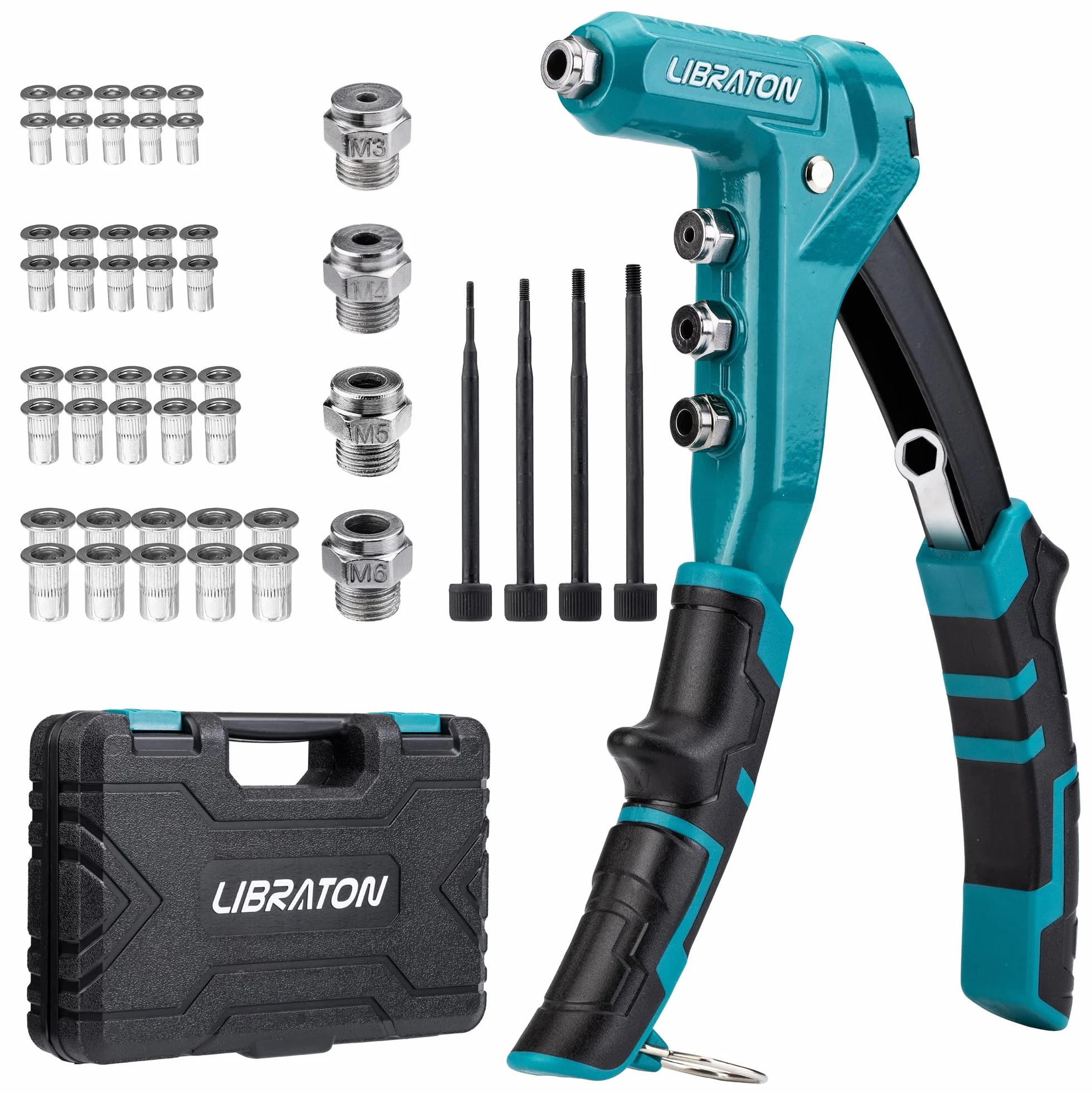 LIBRATON Remachadora de Tuercas, 9.5" Pistola de Tuercas, Herramienta de Tuerca de Remache con 40 Piezas Tuercas y 4 Mandriles Intercambiables M3, M4, M5, M6, Remachadora de Tuerca Profesional