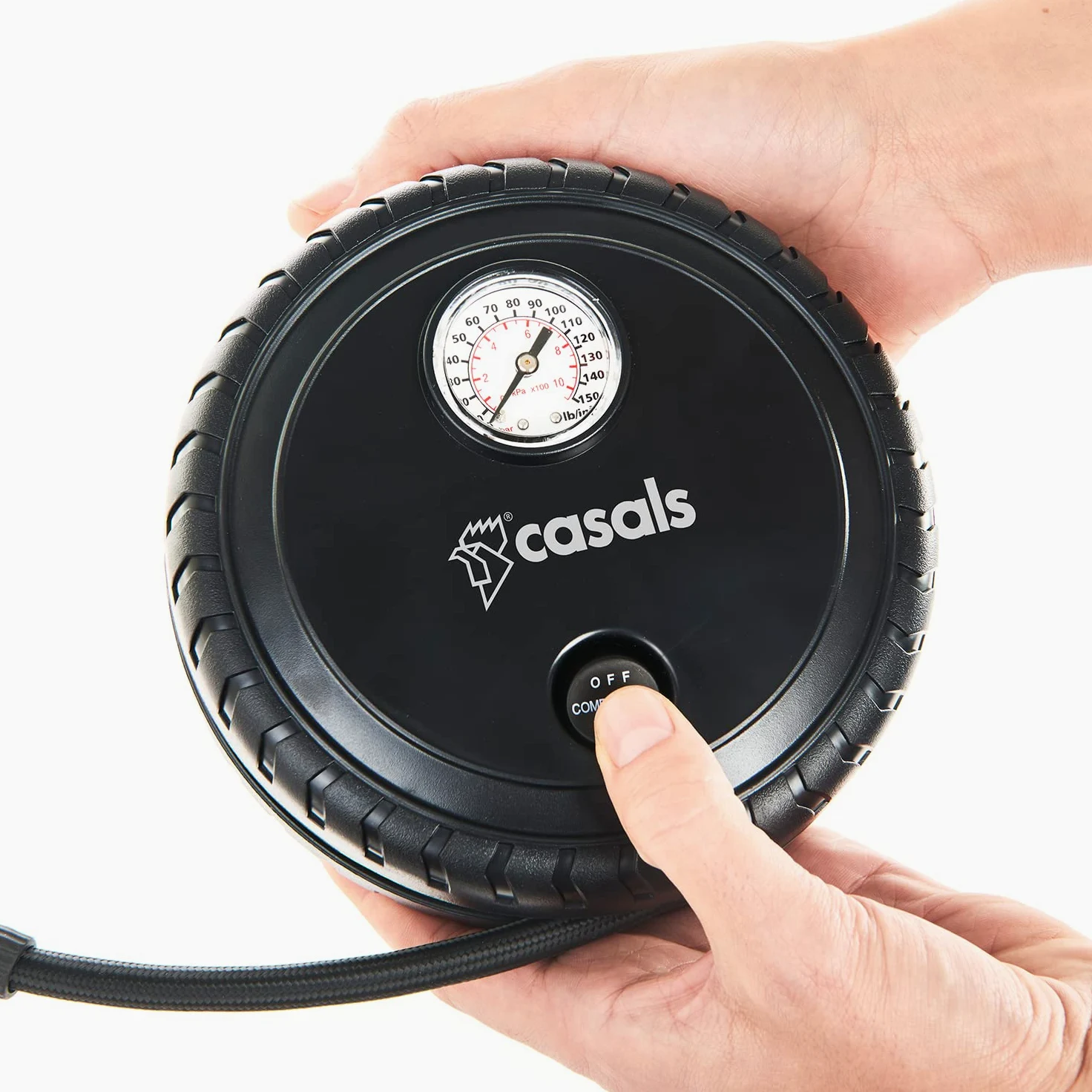 CASALS - Mini compresor de aire portátil de 12V y 260 psi | Bomba de aire portátil eléctrica de 40cm con manómetro | Hinchador eléctrico con cable de mechero de 3m | Accesorios para coche