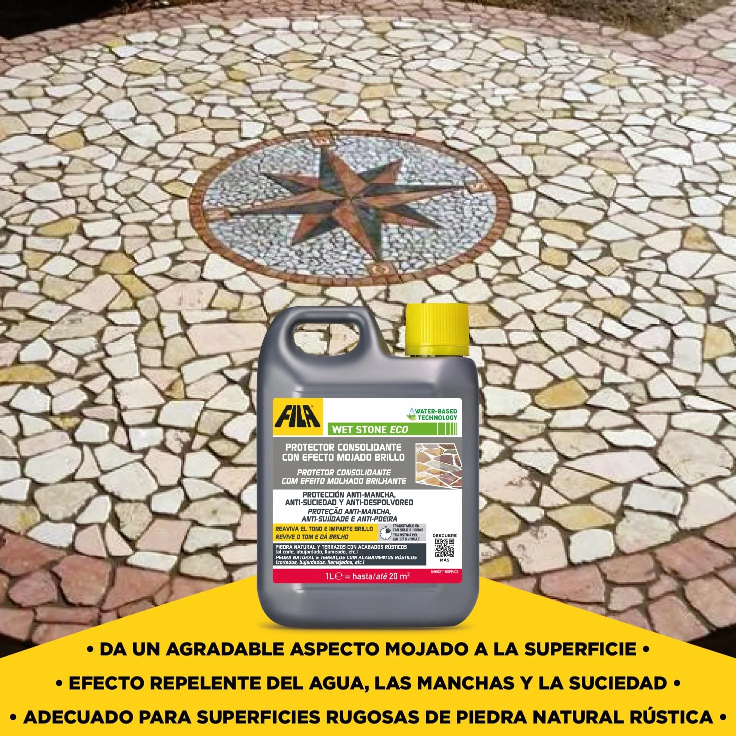 FILA Surface Care Solutions, WET STONE ECO, Protector de Piedras Naturales a Efecto Mojado, Hidrofugante Piedra, Repelente de Manchas y Suciedad,Suelos Interiores y Exteriores, Base Acuosa, 1L
