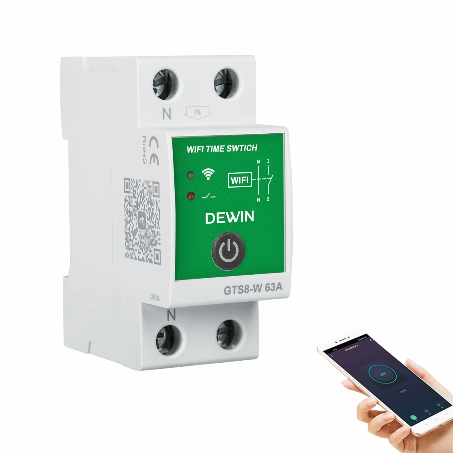 DEWIN WiFi Temporizador Inteligente, 2P CA 230V 63A Rele WiFi Interruptor Inteligente Tuya App Control Temporizador con Programación Instalación en Carril DIN GTS8-W