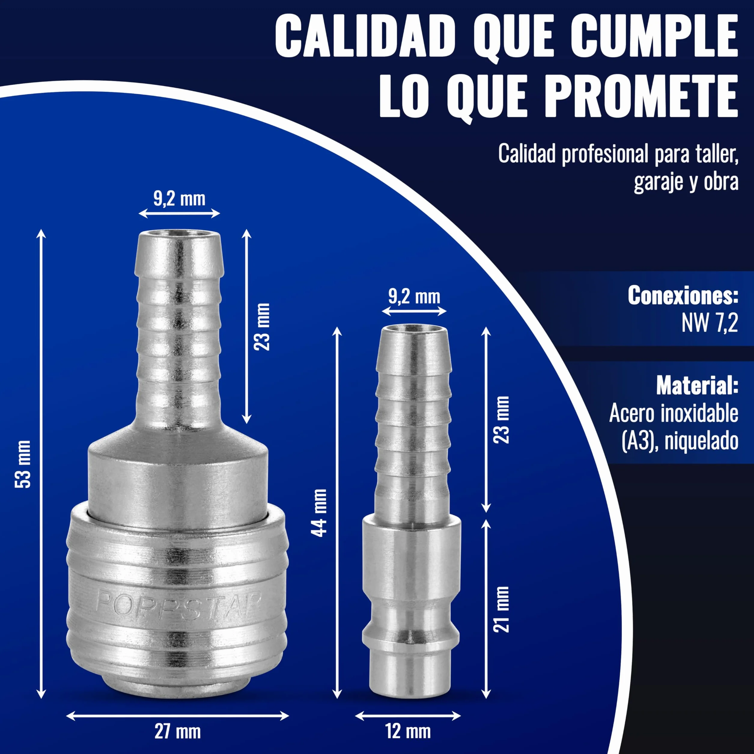 Poppstar Manguera Compresor Aire 5m (PVC híbrido con tejido, diámetro interior 9,2mm con acoplamiento rápido y conector de manguera), hasta 20 bar, azul