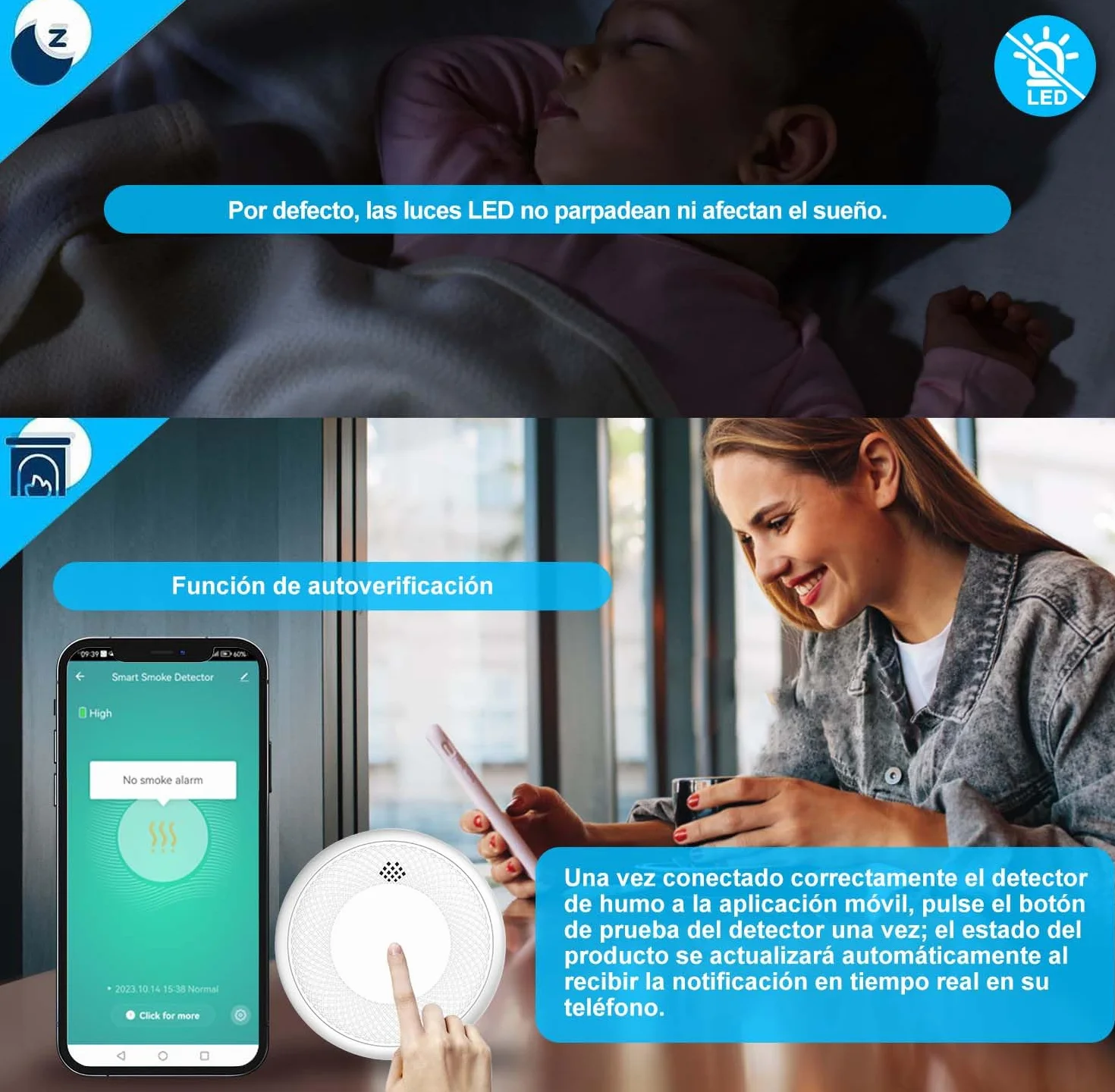 Detector de Humo Inteligente Wi-Fi 2 Piezas EN 14604 Batería 10 Años App Tuya/Smart Life