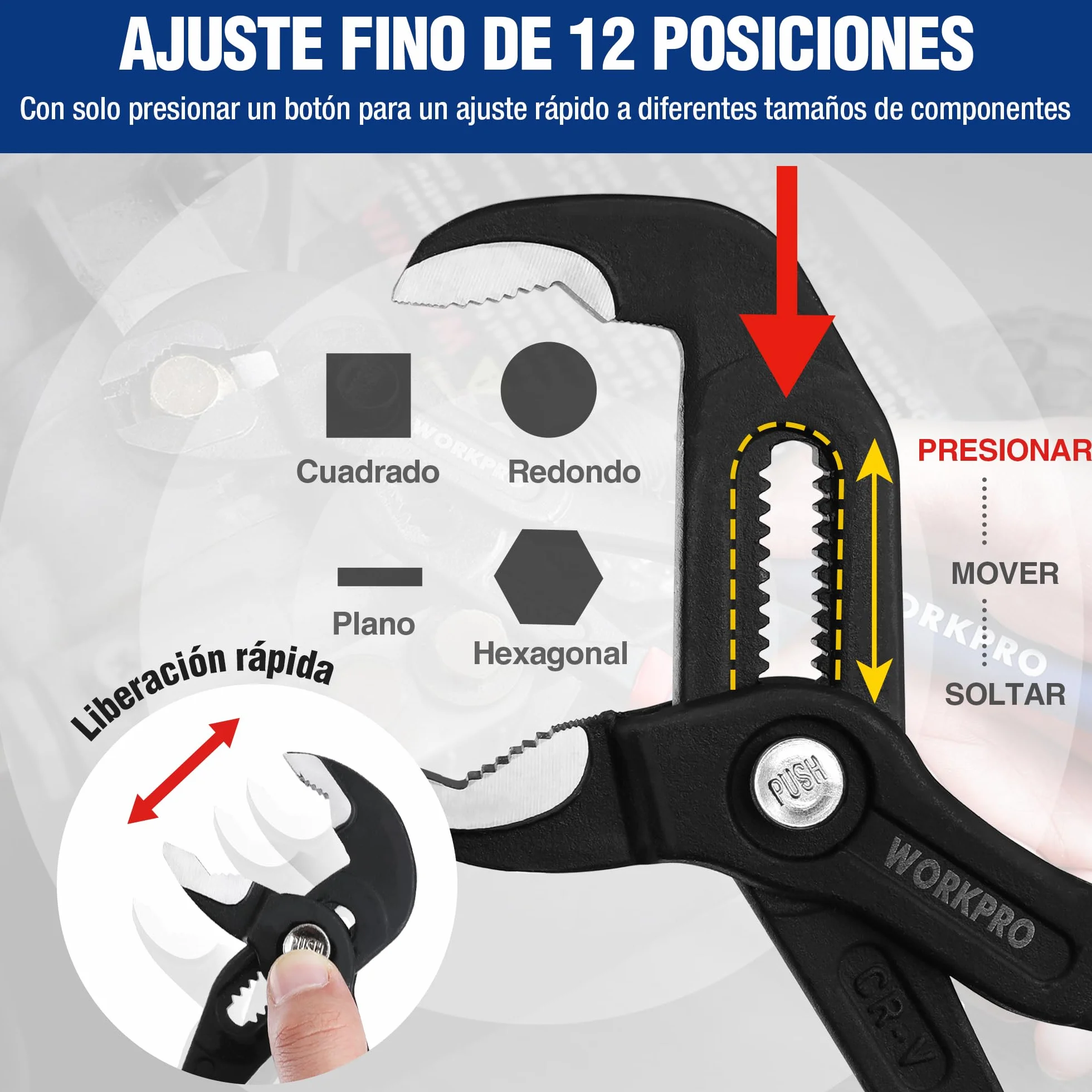 WORKPRO - Pinzas para bomba de agua de 180 mm y 250 mm, asas de manguera ajustables rápidas, conjunto de pinzas de junta deslizante con gran capacidad de mandíbula y mango antideslizante