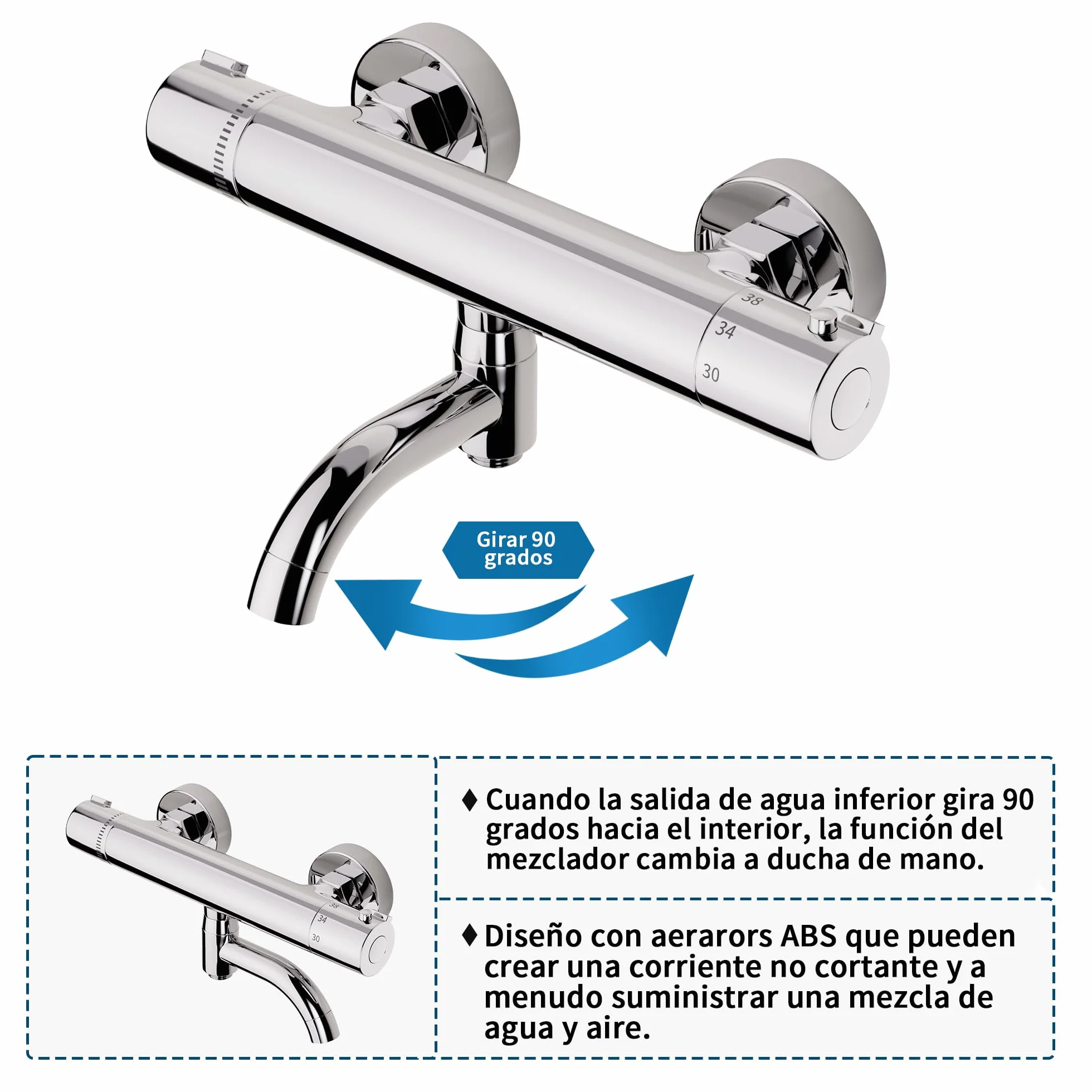 MORADO Mezclador de ducha termostático, grifo de ducha termostático, válvula de mezcla de agua con control de temperatura, latón, acabado cromado, montado en la pared