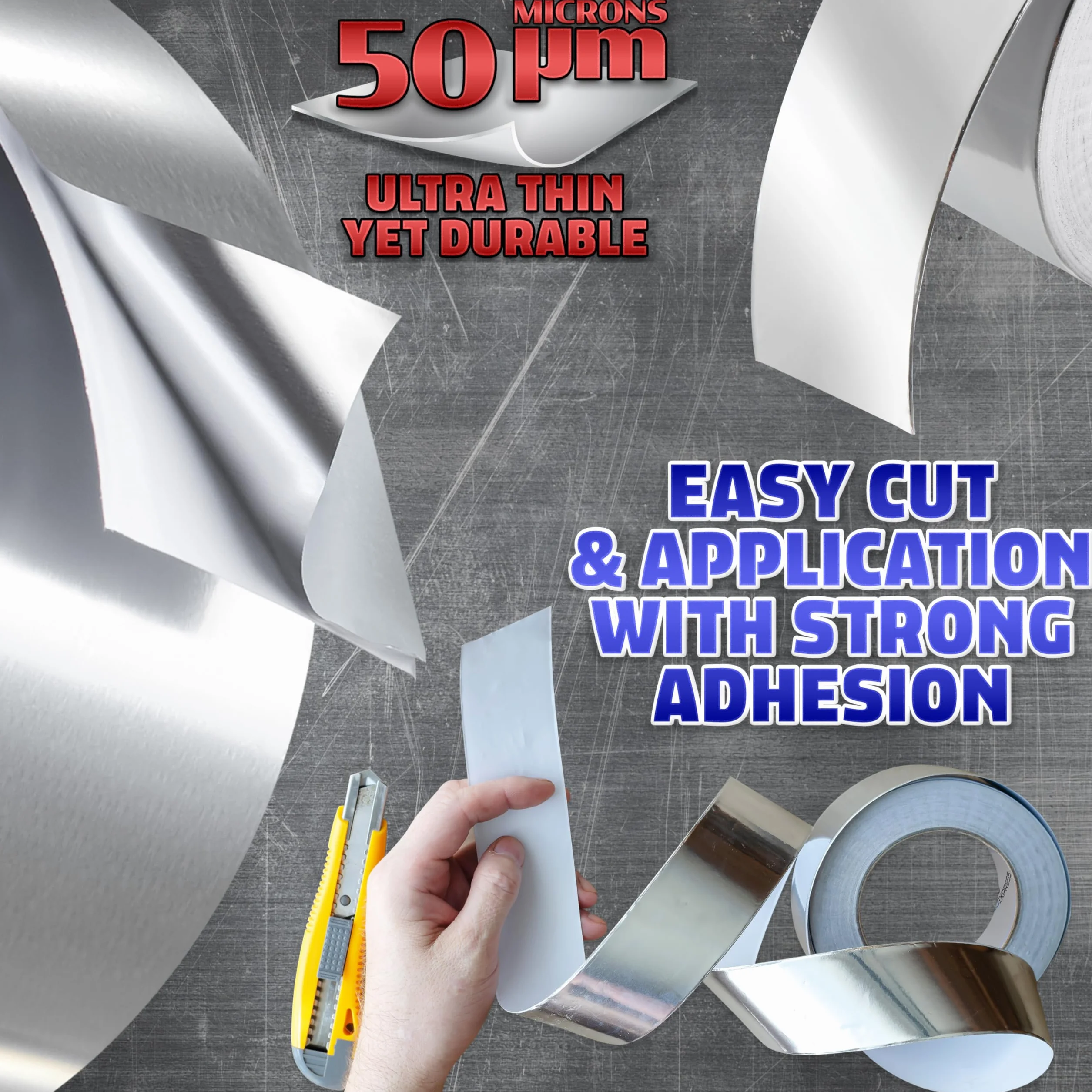 DECO EXPRESS Cintas Adhesivas de Aluminio Alta Temperatura, Cinta de Aluminio Adhesiva 10m, 25m, 50m x 45mm, Resistente al Calor, Impermeable, Cinta de Aislamiento (50 M, 8 Piezas)