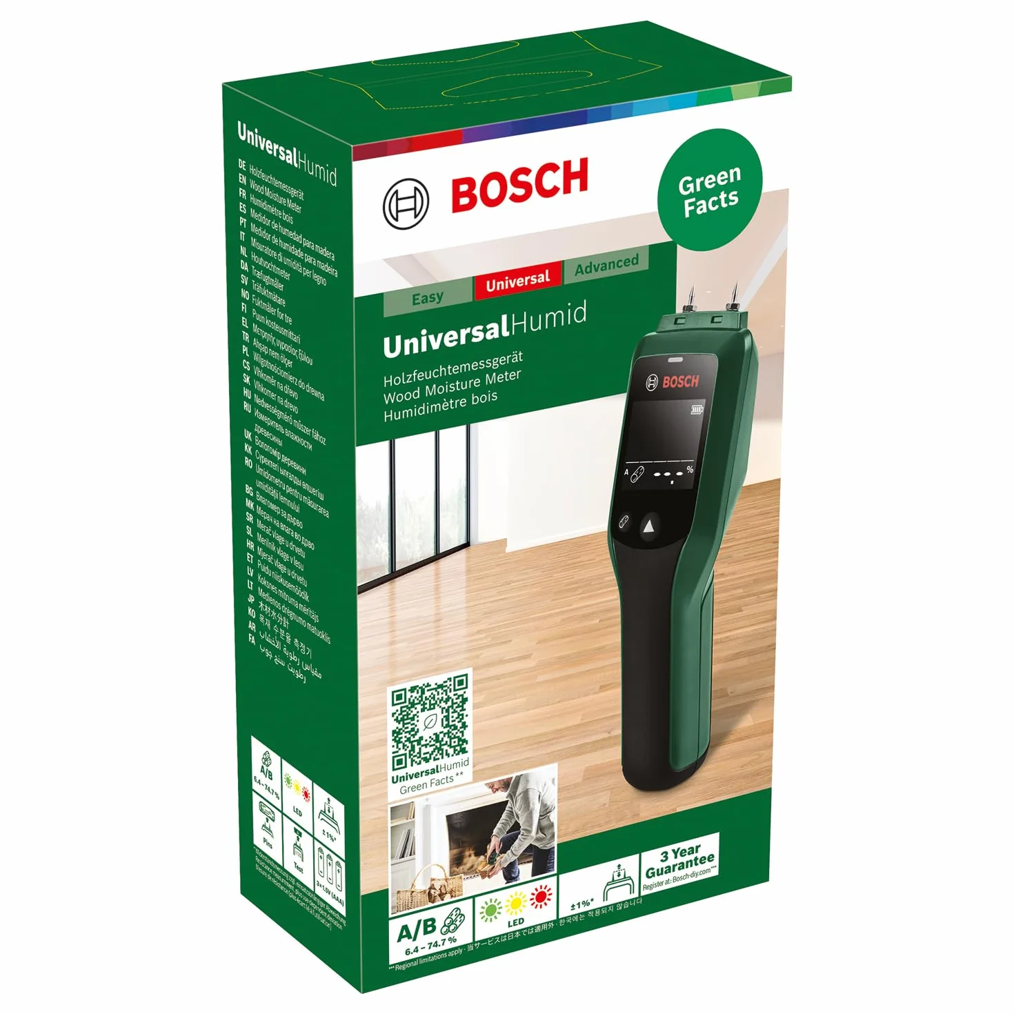 Bosch Medidor de Humedad UniversalHumid (resultados precisos gracias a la selección del grupo de madera y LED de indicación para una interpretación sencilla de los resultados, en caja de cartón)