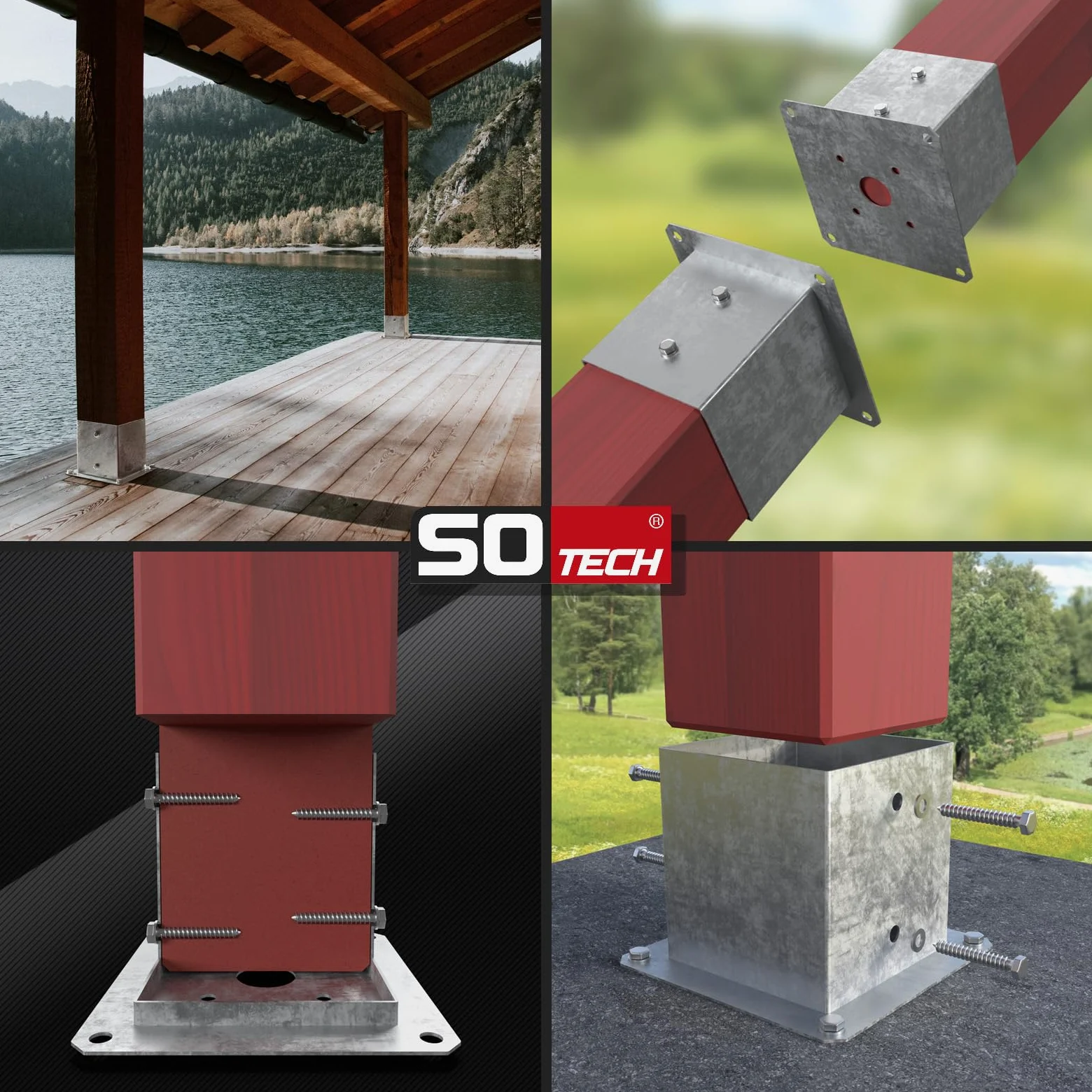 SOTECH JUEGO de 2 anclajes roscados, redondos Ø 100 mm, 152 mm de altura, acero galvanizado en caliente, toma de tierra para madera redonda - ideal para uso en exteriores