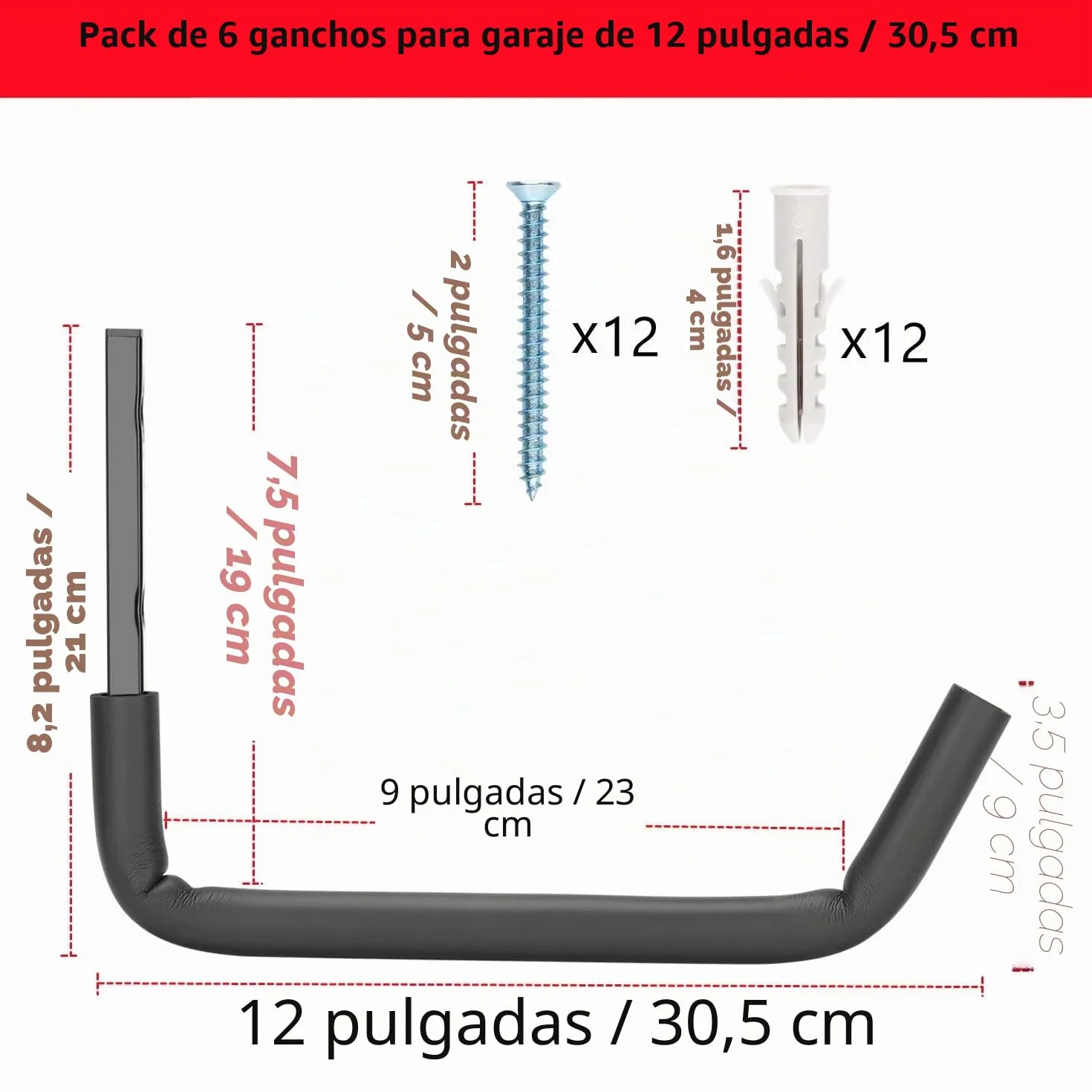 Ganchos para escaleras de garaje con brazo jumbo de 12 pulgadas, paquete de 8 perchas para bicicletas y sillas