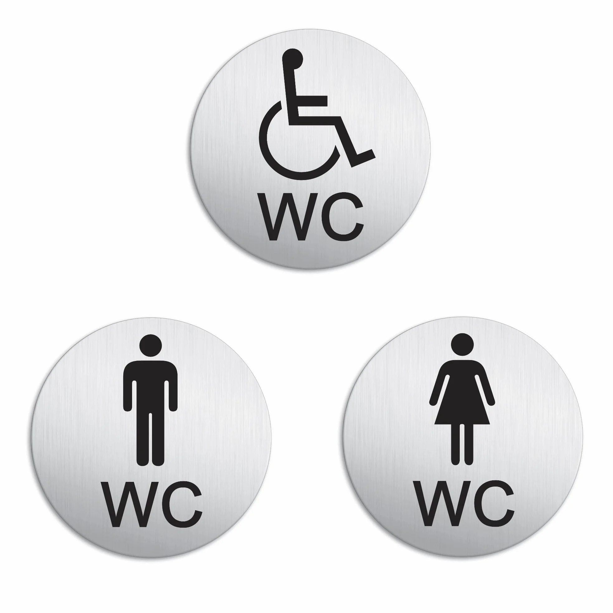 Señales Baño WC Mujeres + Hombres + Minusválidos Ø 100 Aluminio optica acero inoxidable adhesivo No.53254-K