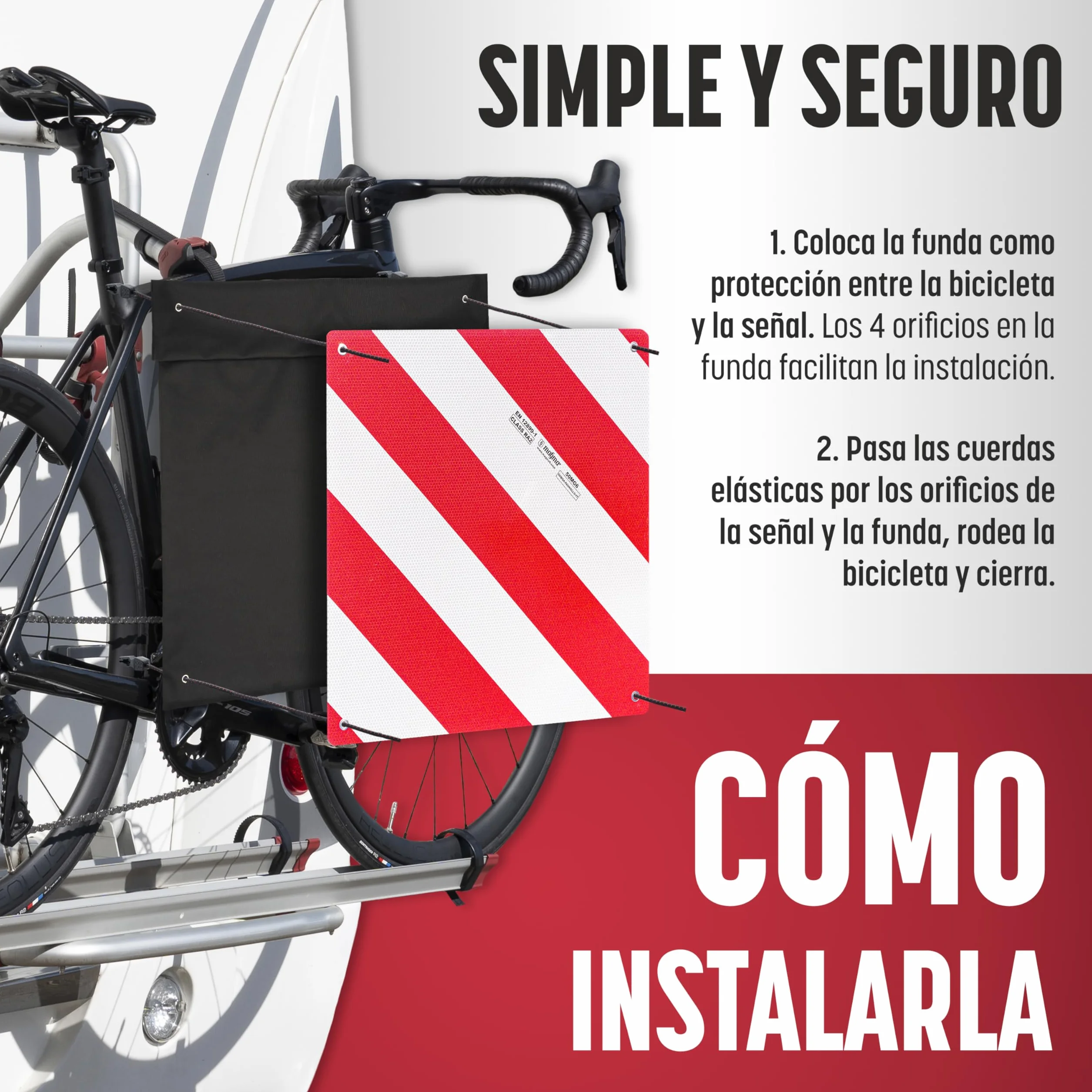 MAGMA Pack Señal V20 Española e Italiana Homologada + Pulpos + Funda, Placa V20 Portabicicletas y Carga Saliente, Flexible y con Protección Anti Arañazos Protege tu Bicicleta o Bici NO Raya