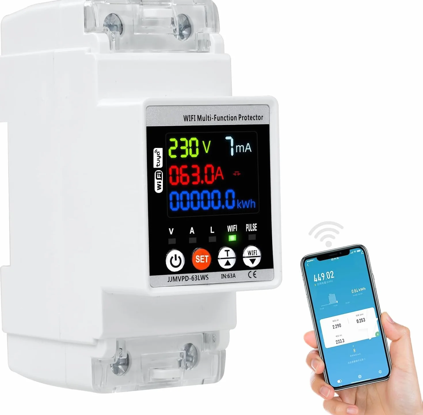 DEWIN Medidor de Electricidad WiFi, 63A 230VAC Contador Electrico Protección Automática contra Sobretensiones Protector Sobretensiones Proteccion Sobretension (Voltaje Amperaje Ajustable)