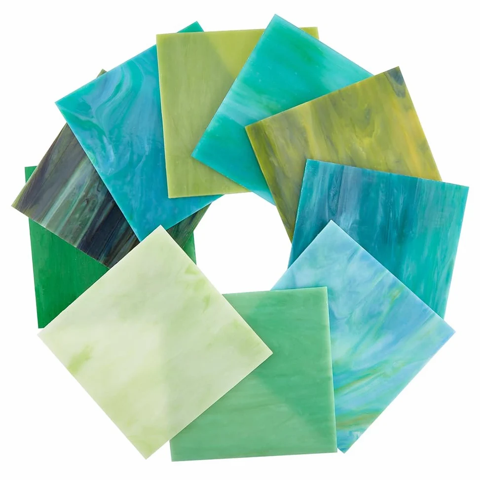 PandaHall 10 Hojas Vidrio de 10 Colores 10x10cm Grandes mosaicos de Vidrio de Catedral Azulejos de Mosaico de Variedad Verde y Azul para proyectos de Pasatiempos de Vidrio y mosaicos