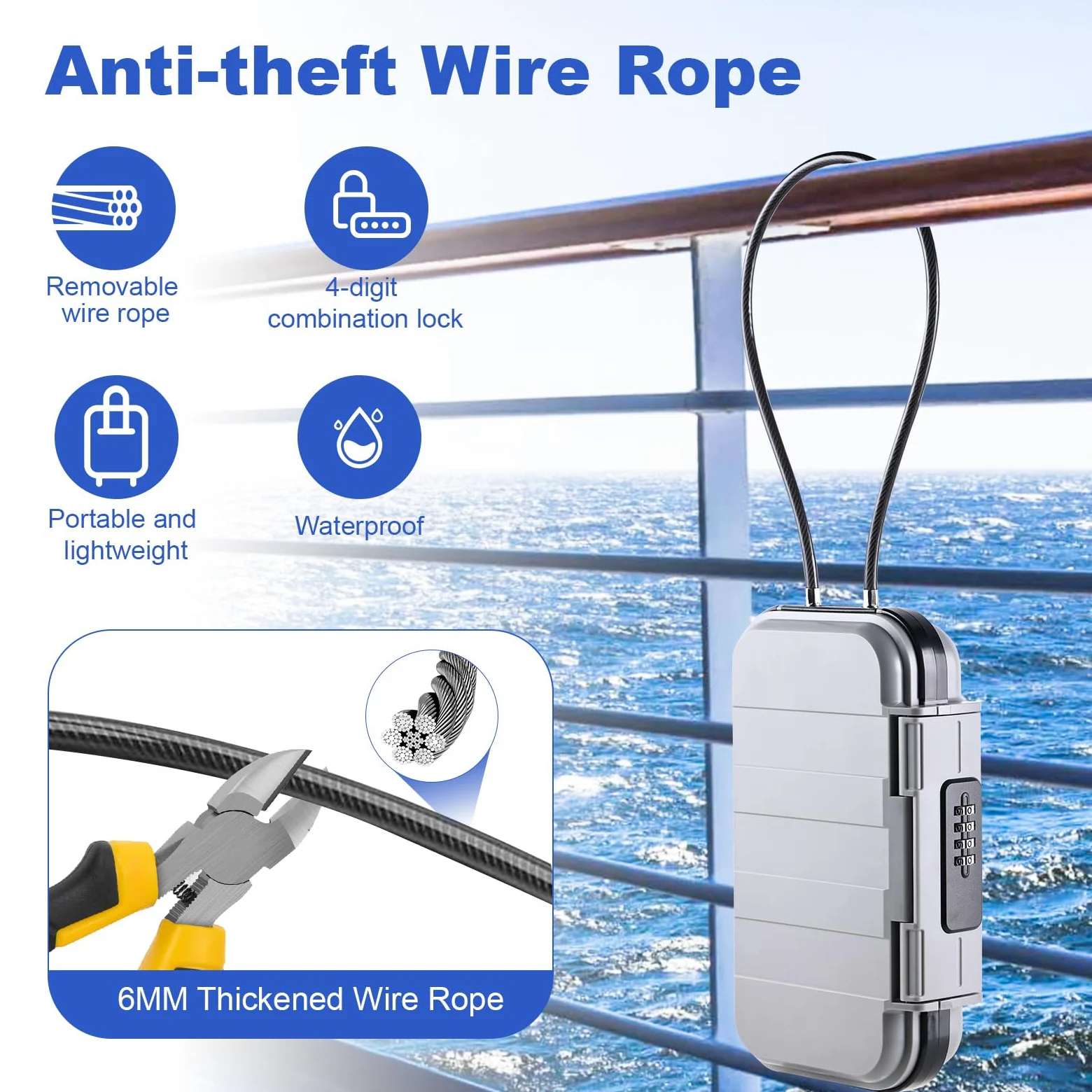 Caja de seguridad portátil con código, resistente al agua y antirrobo, caja fuerte de viaje con combinación de seguridad con cable metálico extraíble, para playa, coche, oficina, vacaciones