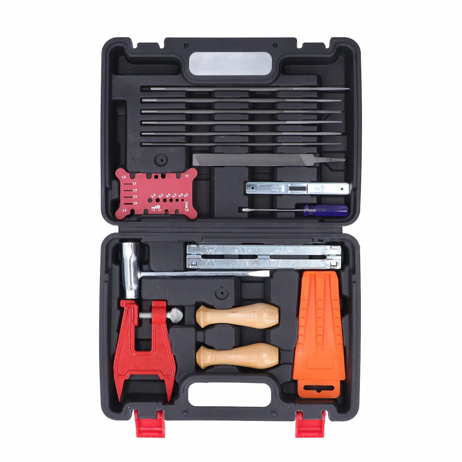 Pssopp Kit de Afilado de Cadena de Motosierra de 16 Piezas, Herramientas de Hierro y Plástico de Calidad, Solución de Afilado Completa para un Rendimiento óptimo de Cadena y Varilla Guía