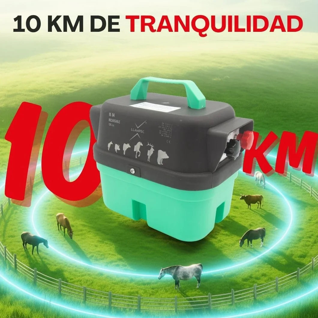 Llampec Pastor Eléctrico Recargable Mod.04 con Batería 12v 7Ah Incluida – 1,6 J - 9.500 V y 10 km de Alcance – Cerca eléctrica para Perros, Caballos, Cerdos y Vacas – Fabricado en España