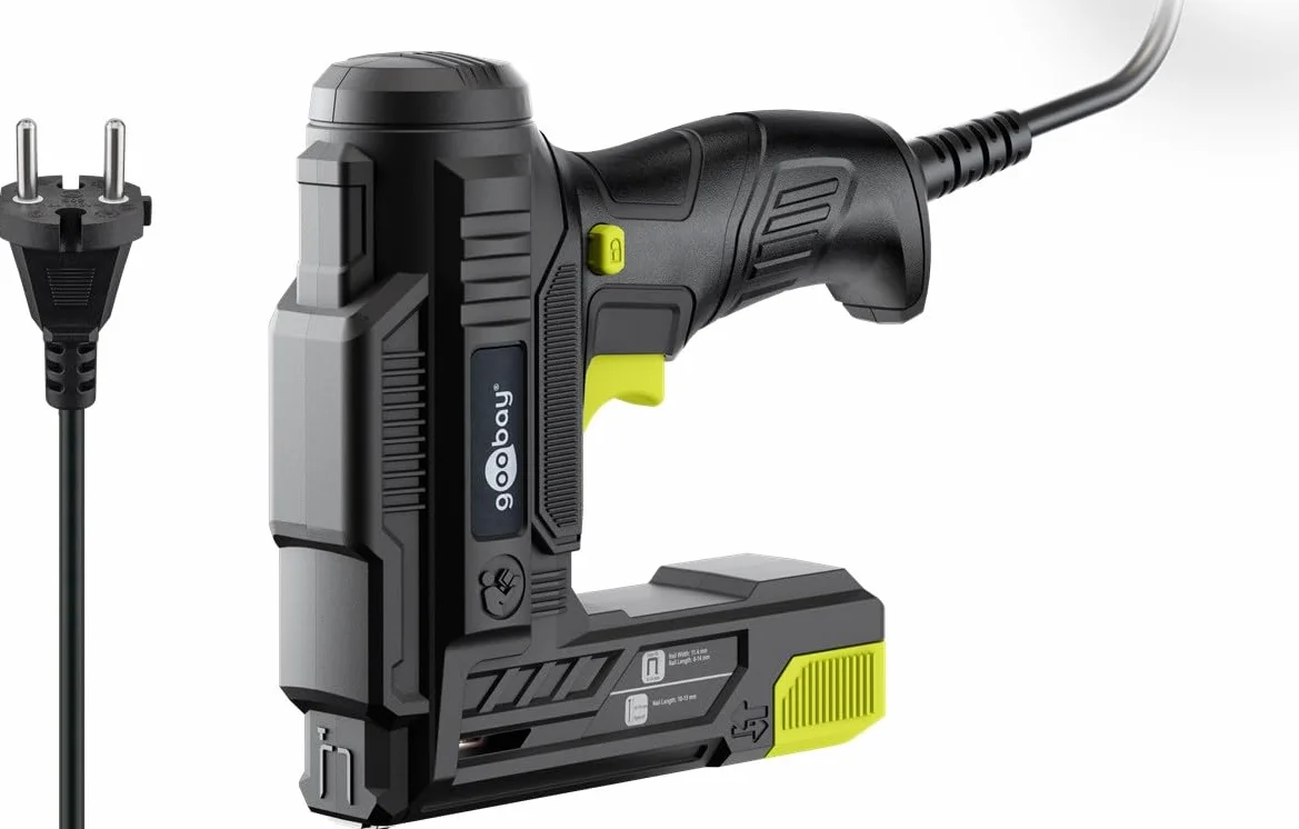 goobay 2 en 1 grapadora y clavadora eléctrica con cable, 70 W, incluye 400 grapas (10 mm) y 100 clavos (14 mm), cable de 2 m, ideal para tapicería, bricolaje y reparaciones domésticas, 77820