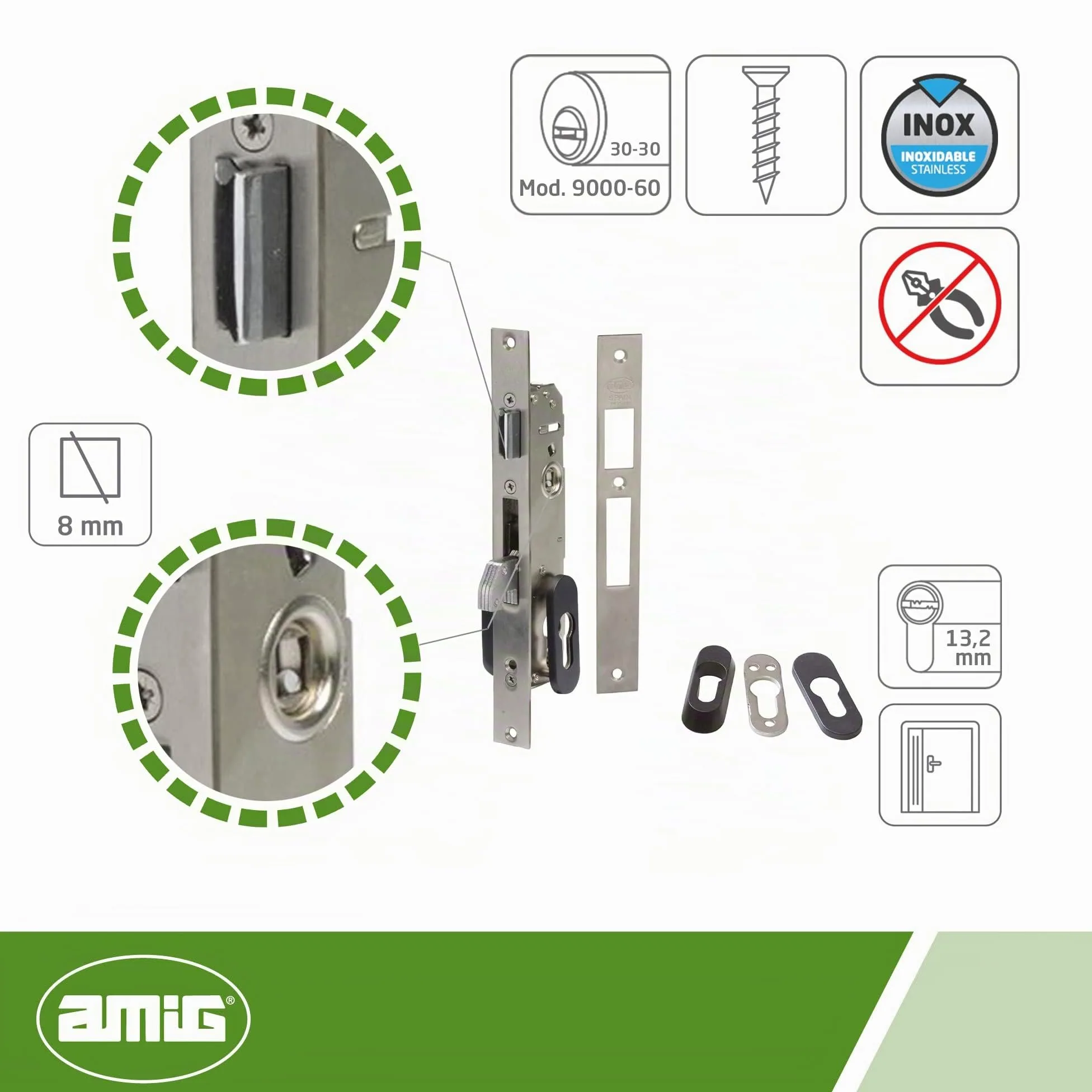 Amig - Cerradura de Embutir para Carpintería Metálica Mod. 770-20 mm - Cilindro Europerfil de Leva de 13,2 mm - Picaporte Reversible y Cierre Basculante - Acero Inoxidable
