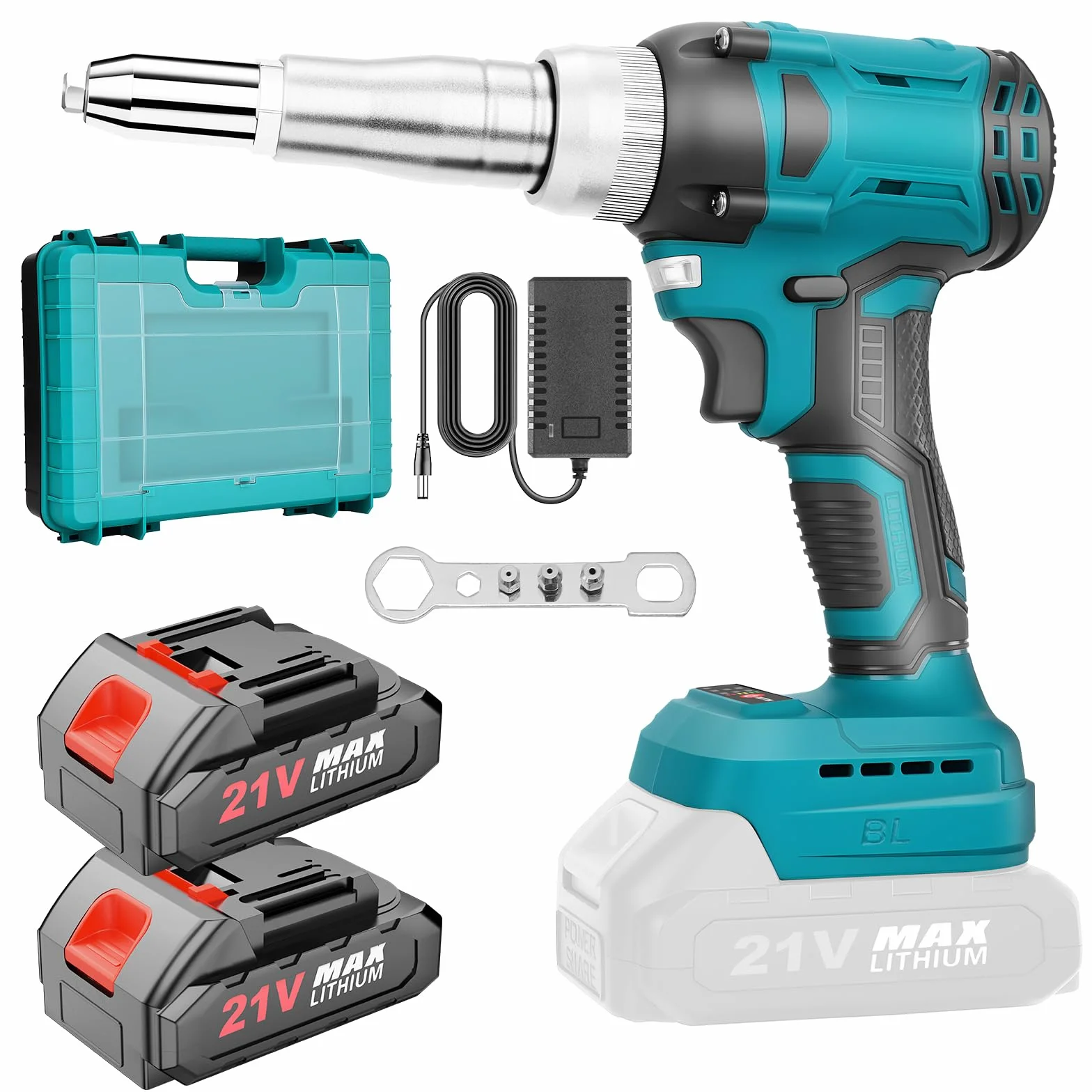 Yofuly Pistola Remachadora a Batería Compatible con Makita 21V Batería, Remachadora Electrica sin Escobillas con 2 Baterías, 20.000N Tuerca de Remache Automático incl. 3 Adaptadores