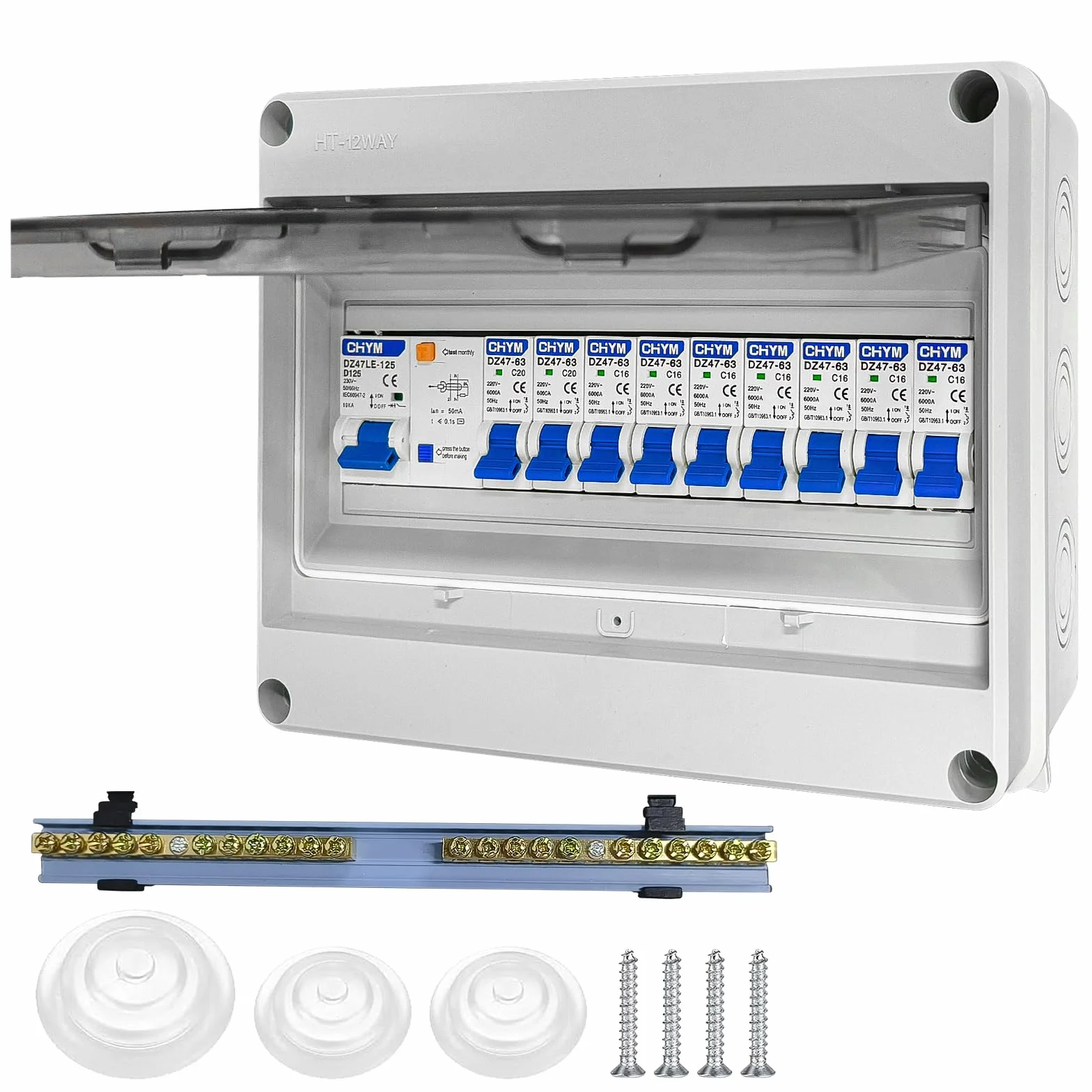 Caja de fusibles empotrada, Caja de distribución con interruptor diferencial, Caja de distribución eléctrica IP65 para caravanas/garajes/talleres/villas, interruptor automático 125 A, 7x16 A + 2x20 A