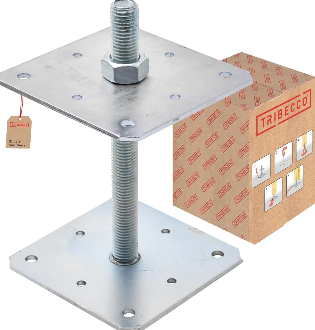 TRIBECCO Soporte vertical para postes ajustable (160 x 160 x 250 / rosca M 24), pie de soporte de altura ajustable, galvanizado, base de hormigón, para atornillar, regulable