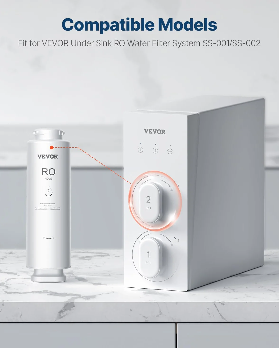VEVOR Sistema de Ósmosis Inversa 9 Etapas 400 GPD, Cartucho de Filtro RO 24 Meses, Reduce Plomo Cloro Óxido, Compatible Fregadero SS-002 Φ 100 x 341 mm