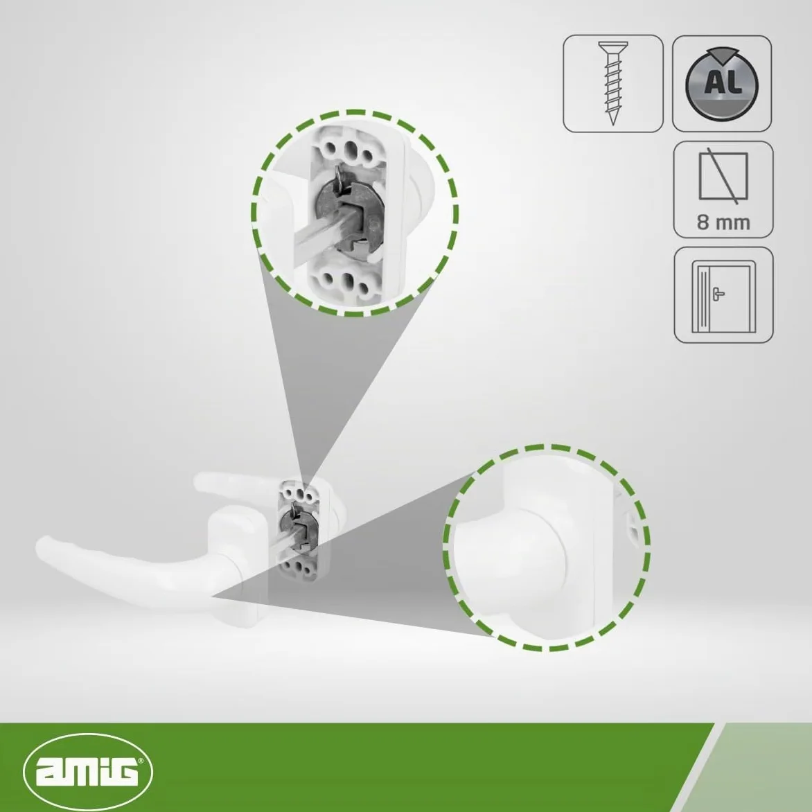 Amig - Juego de Manilla de Roseta Reforzada - Modelo Sendoa - Fabricada en Aluminio - Medida: 125 X 66 mm - Cuadradillo de 8 mm - Blanco