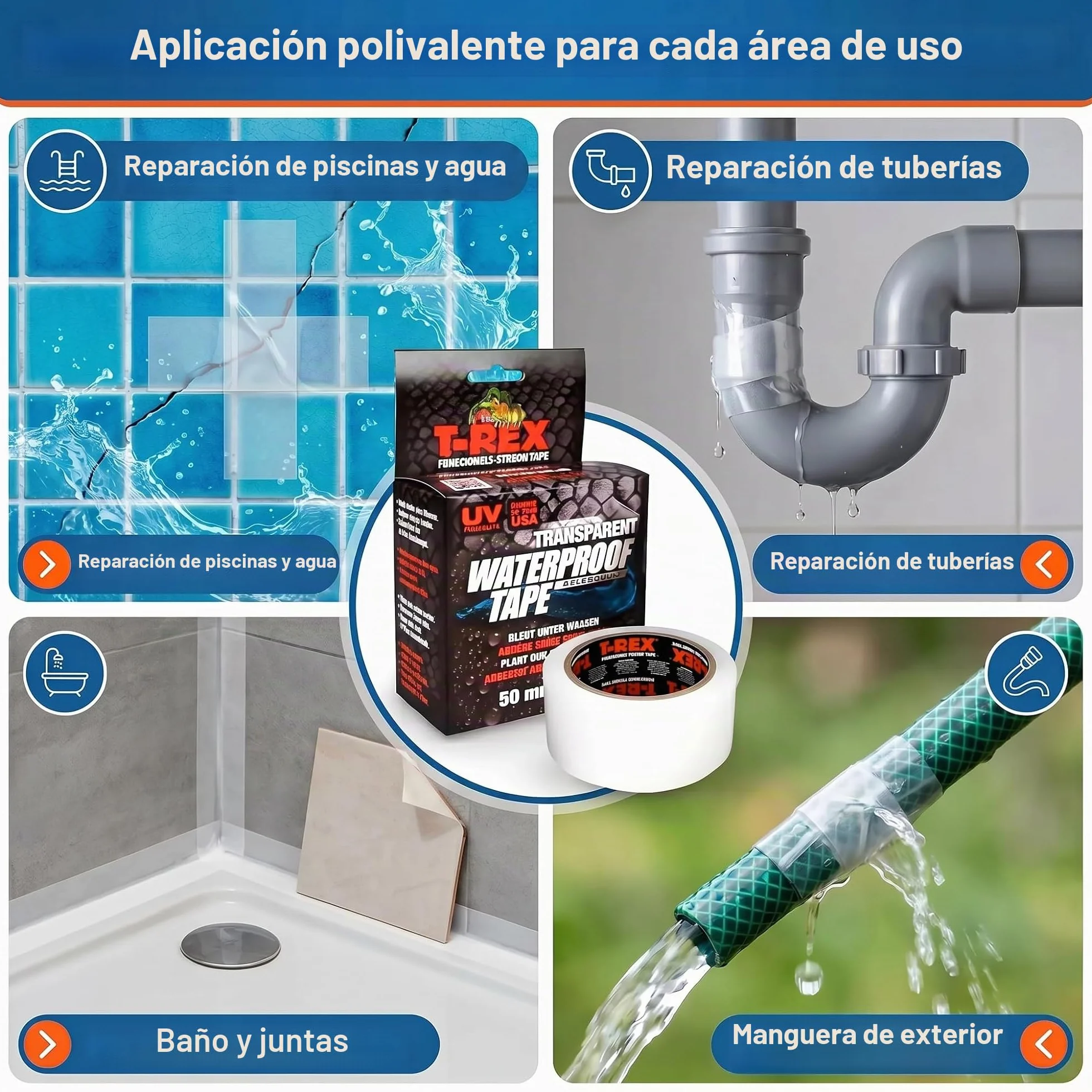 T-REX Waterproof Tape Transparent - Cinta acorazada impermeable - Cinta de sellado ideal para piscinas y exteriores - Resistente a los rayos UV y al calor - 50mm x 1,5m