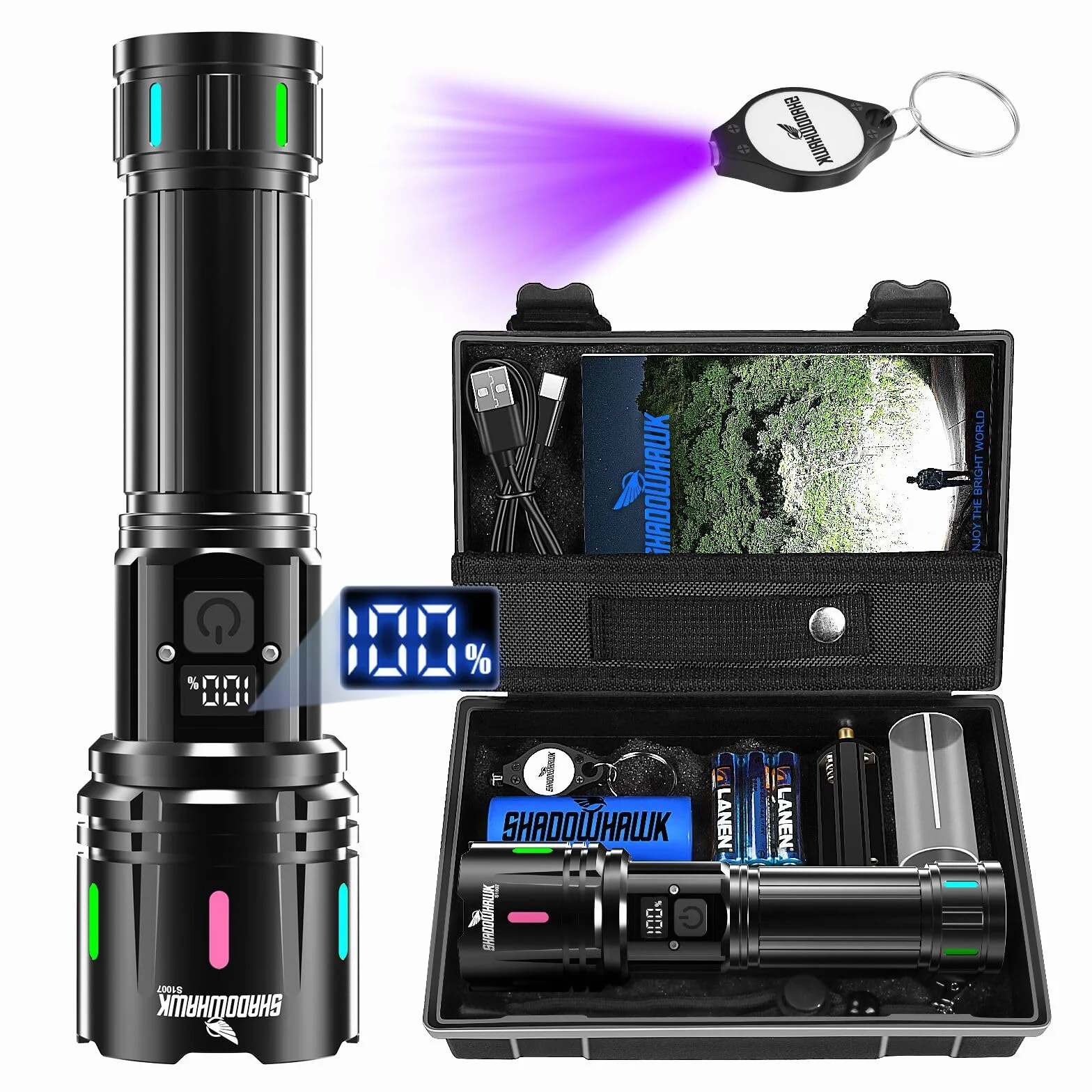 Shadowhawk Linterna LED Alta Potencia 1,000,000 Lúmenes - Militar Linternas Recargable, 12H Iluminación y 3 Pilas AAA, Flashlight Para Camping/Emergencias/Regalo, Pantalla LCD & Banda Fluorescente