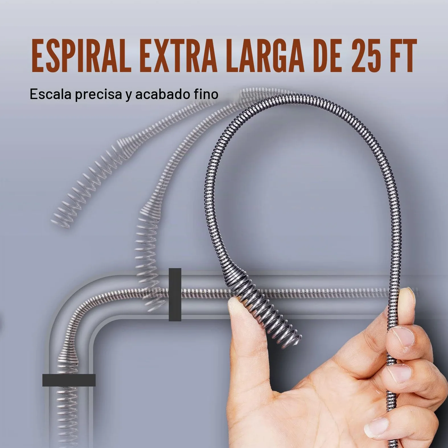 VEVOR Espiral de Limpieza de Tuberías 0,63x76,2 cm Cable de Acero de Resorte Limpiador de Drenaje de Alimentación Automática de Limpieza de Tuberías Limpiador de tuberías para Inodoros, Cocina, Baño