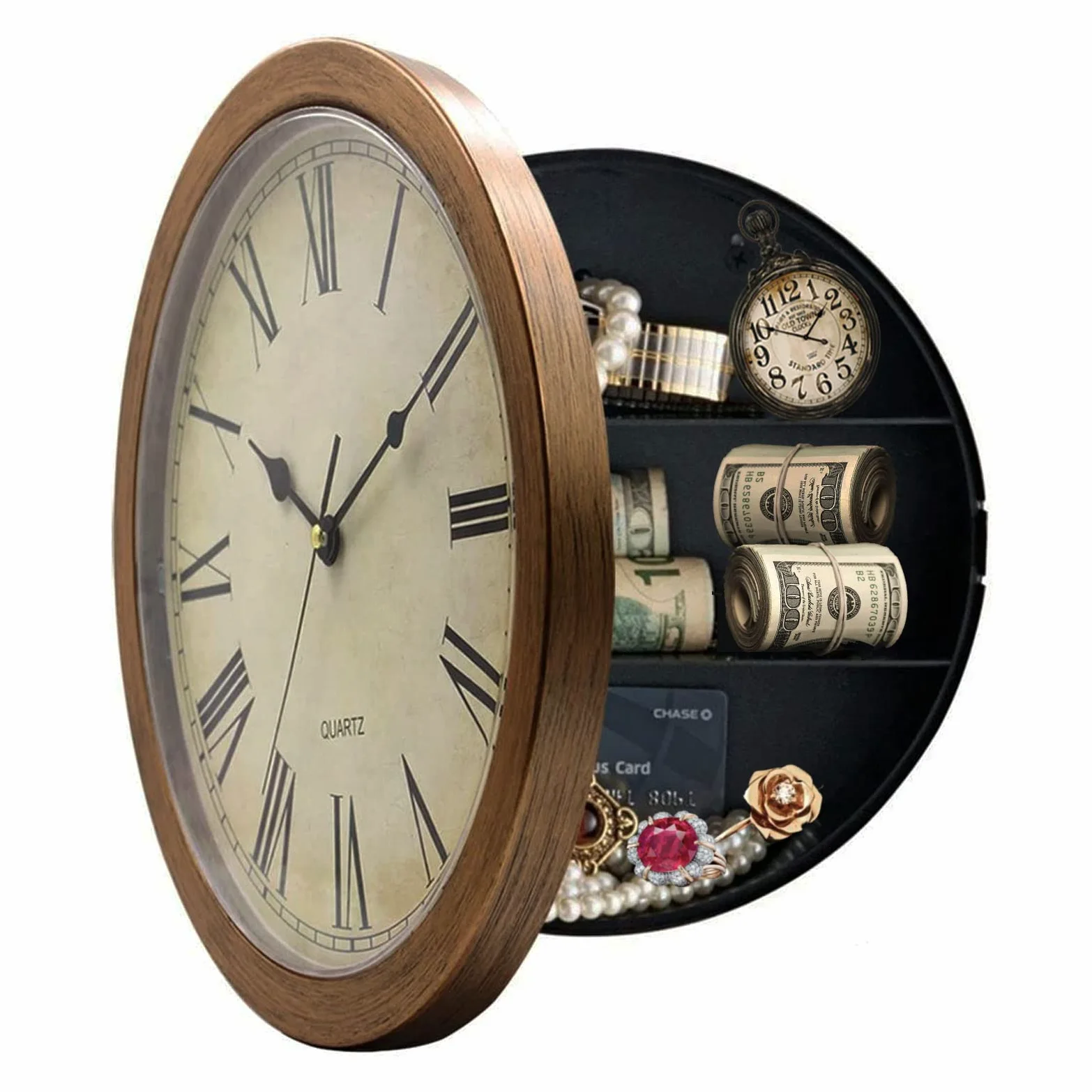 Benkaim Compartimento secreto, reloj de pared de plástico silencioso de 10 pulgadas con compartimento oculto, reloj oculto secreto para objetos de valor