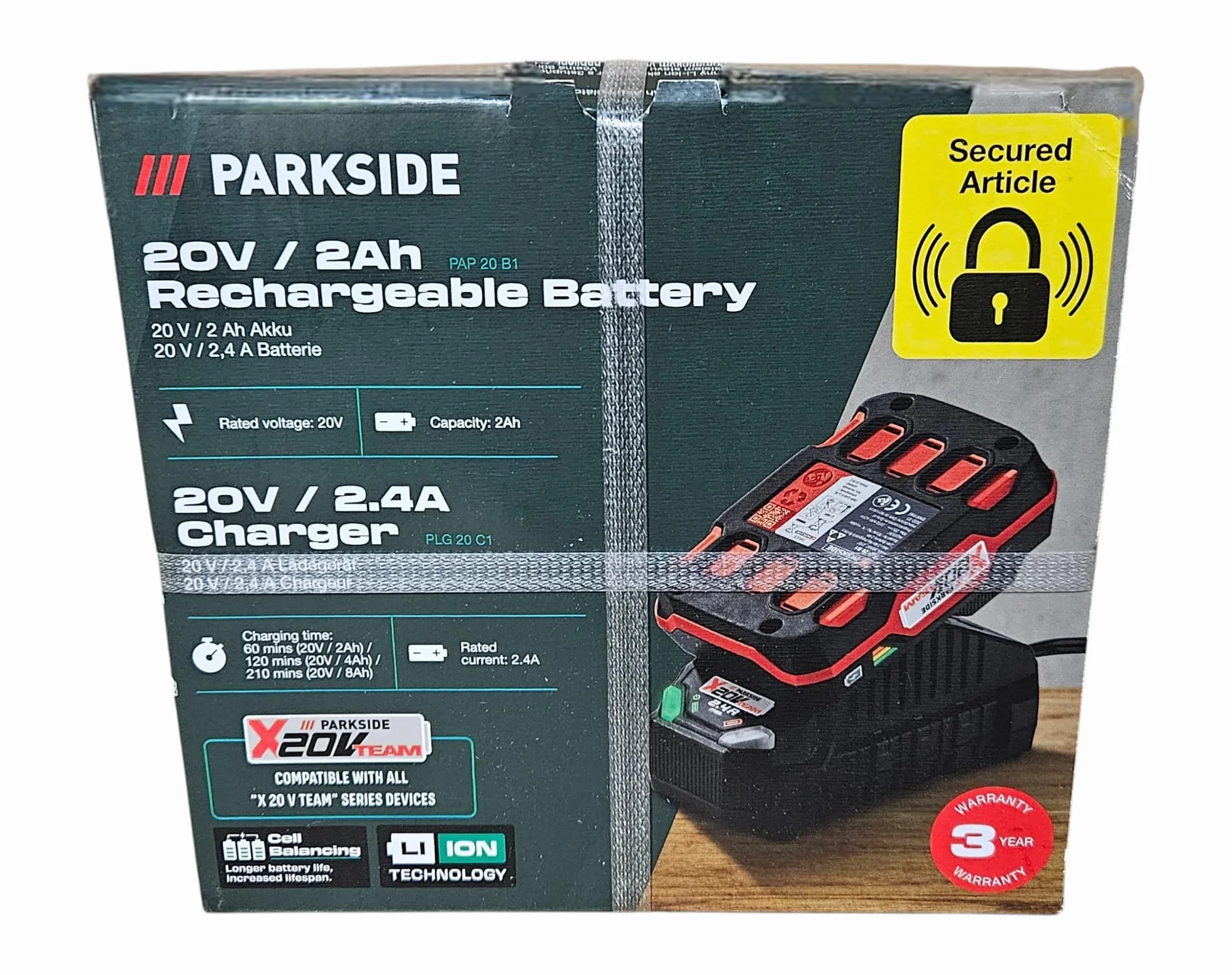 Parkside - Batería de Iones de Litio (20 V, 2 Ah (Pap 20 B1) y Cargador de 60 min (PLG 20 C1) 65 W - 2,4 A - Equilibrio de Celdas para Mayor duración y duración