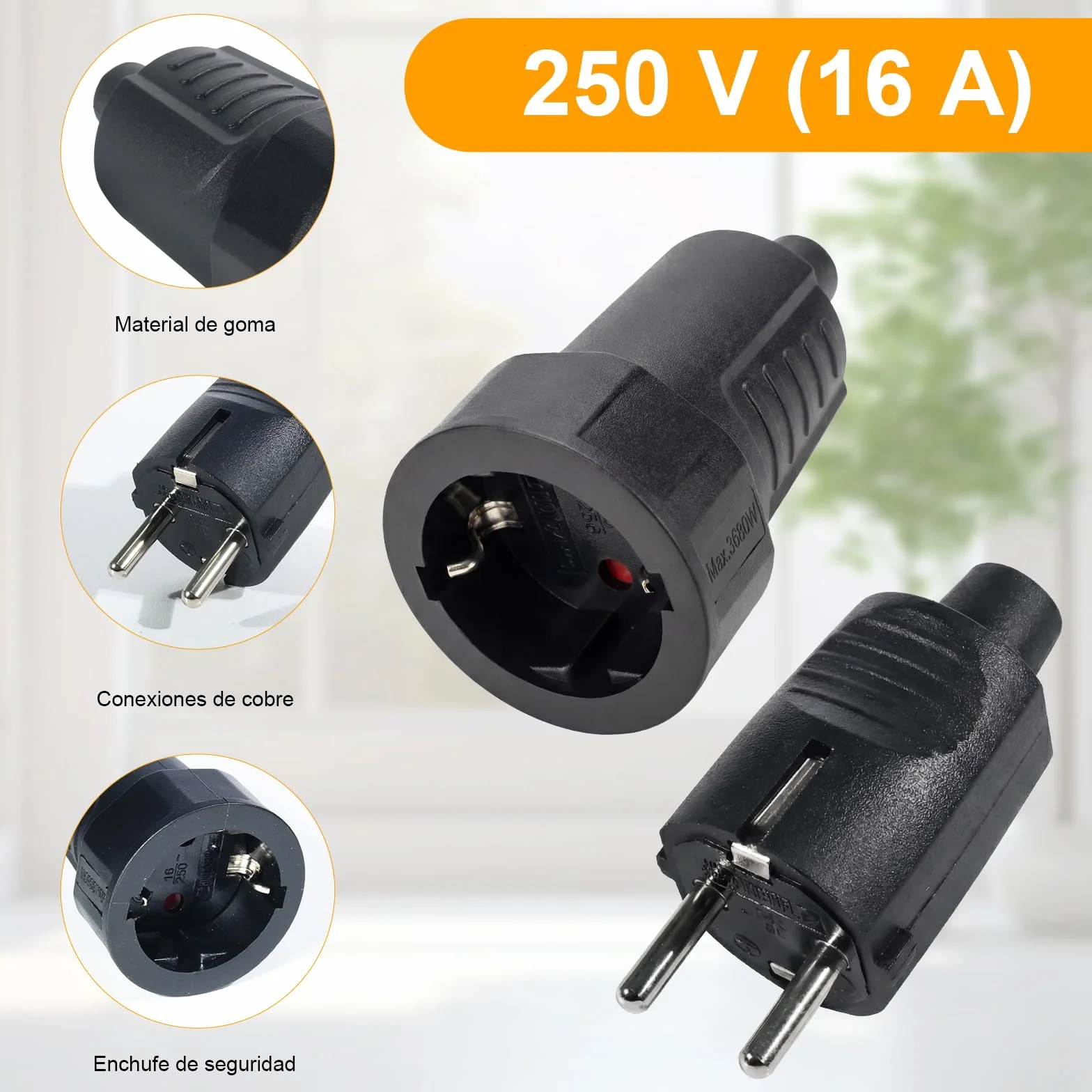 Kit de 3 Enchufes Schuko 250V IP44 16A 2 Polos Carcasa de Goma Negro