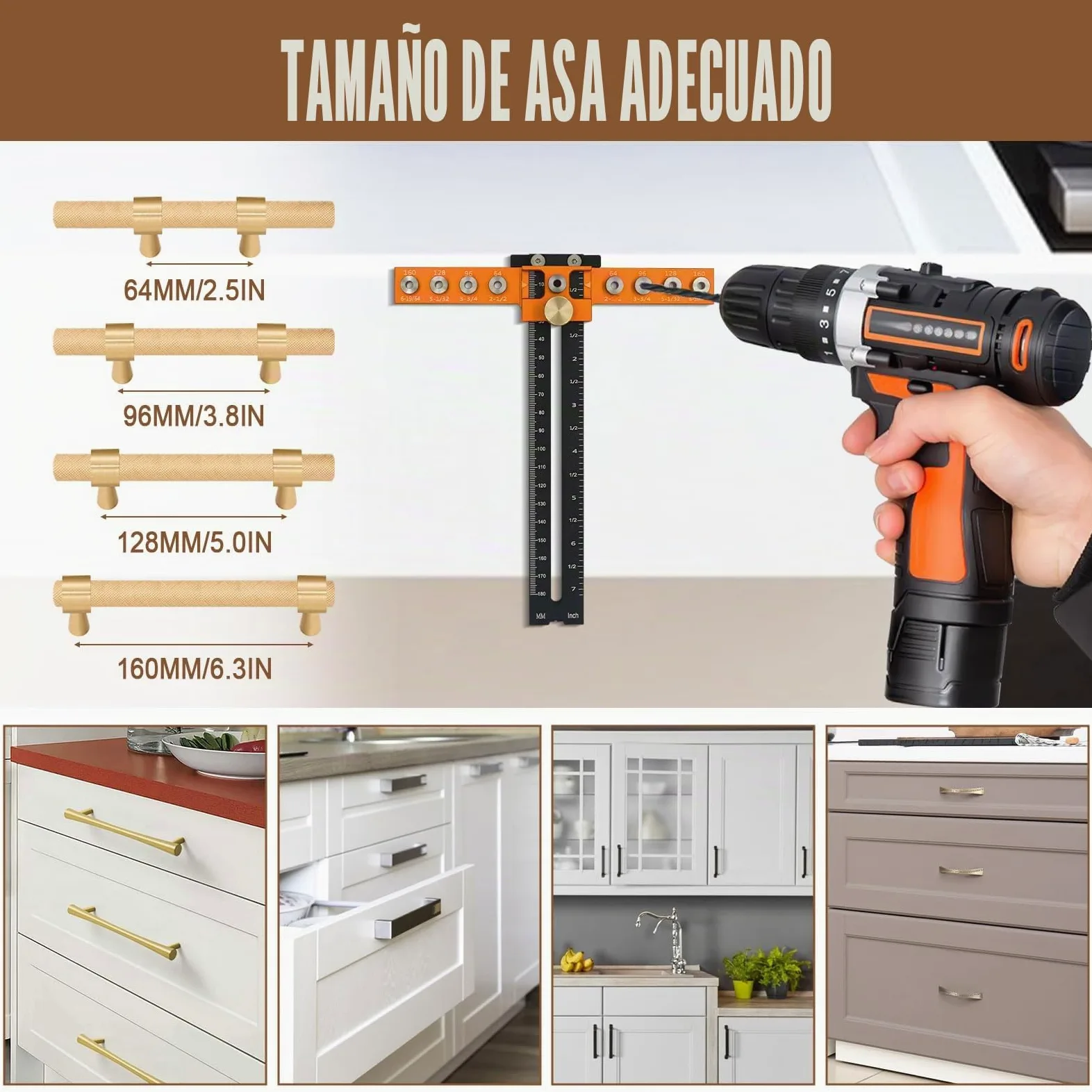 Plantilla de herrajes para gabinete, plantilla de manija de gabinete de aleación de aluminio ajustable, plantilla de taladro guía de herramienta con distancia de agujero de 64/96/128/160mm para