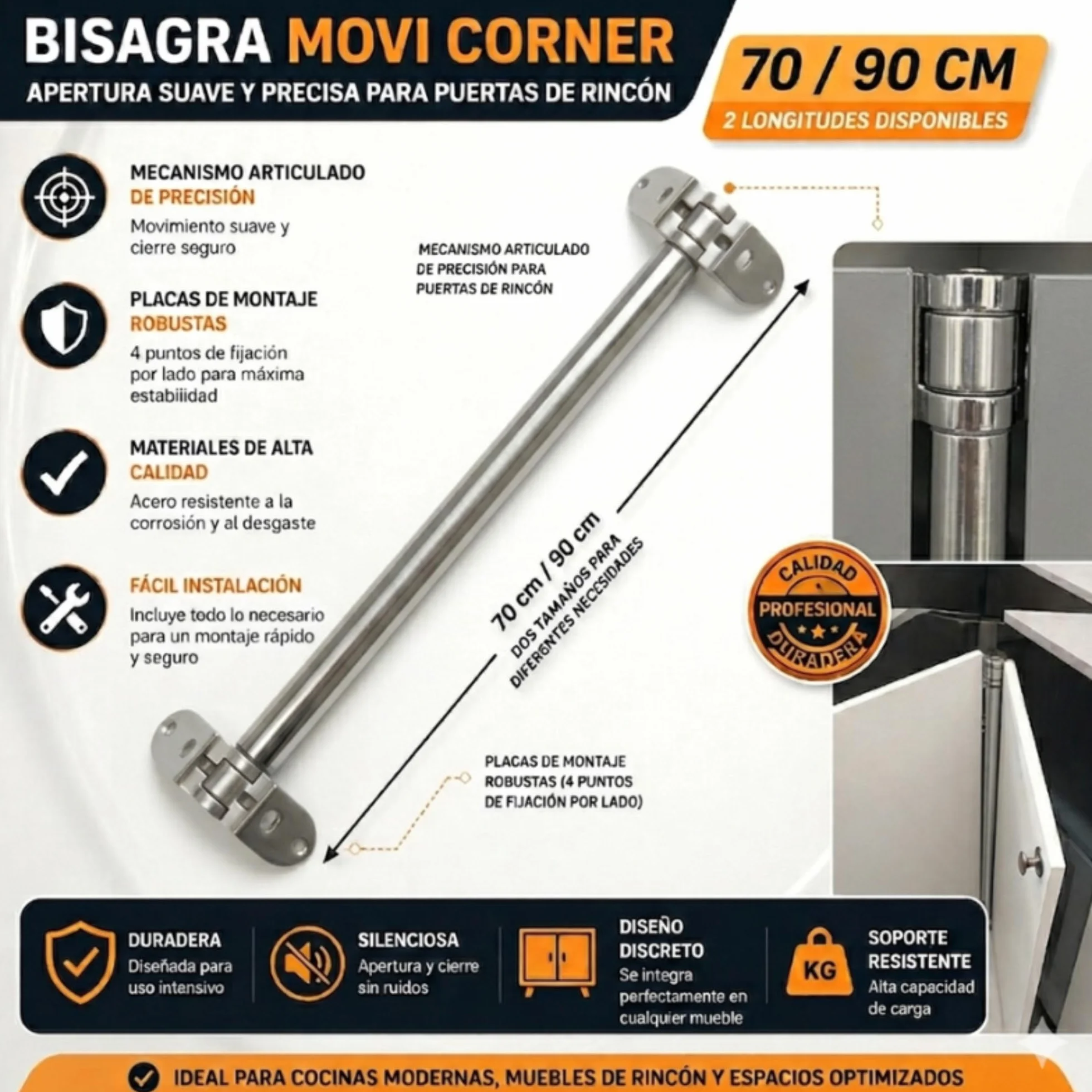 Bisagra Movi-Corner para Muebles de Rincón 70 cm-90 cm Inox Brillante