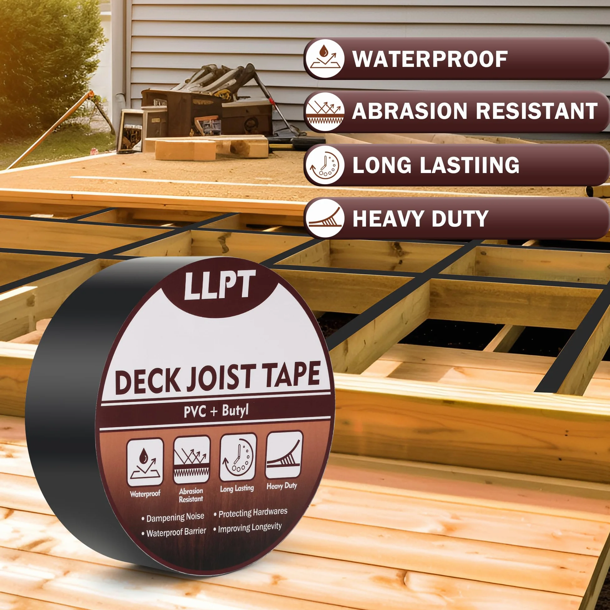 LLPT Cinta para Vigas para Terrazas | 2 Rollo | 101 mm x 15 m | Cinta Autosellante Resistente al Agua | para Cubiertas de Madera para Vigas de Vigas de Construcción de Cubiertas de Madera (JDT450P2)