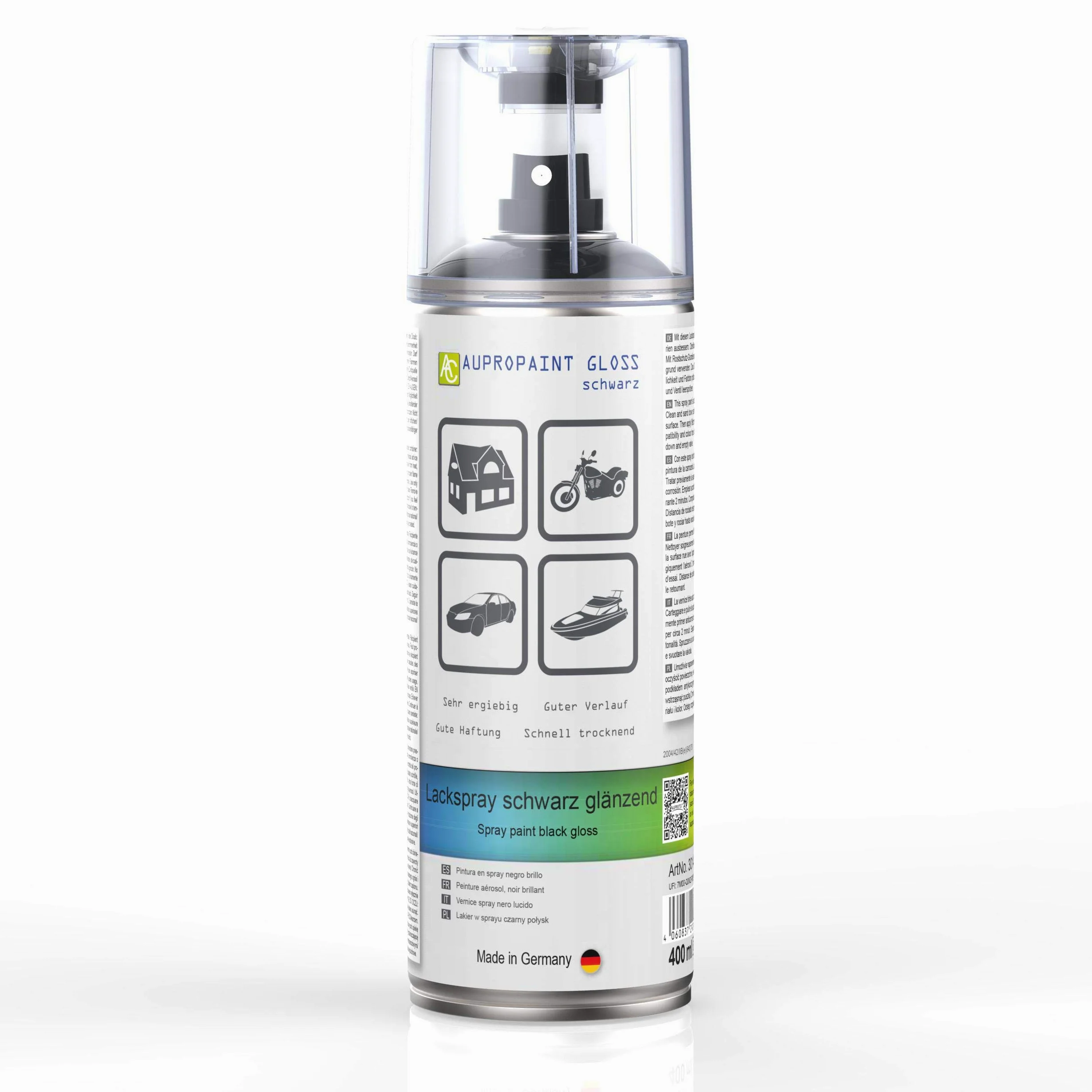 Aupropaint Gloss - Spray de pintura en aerosol para coche, 3 x 400 ml + 1 mango de pistola original