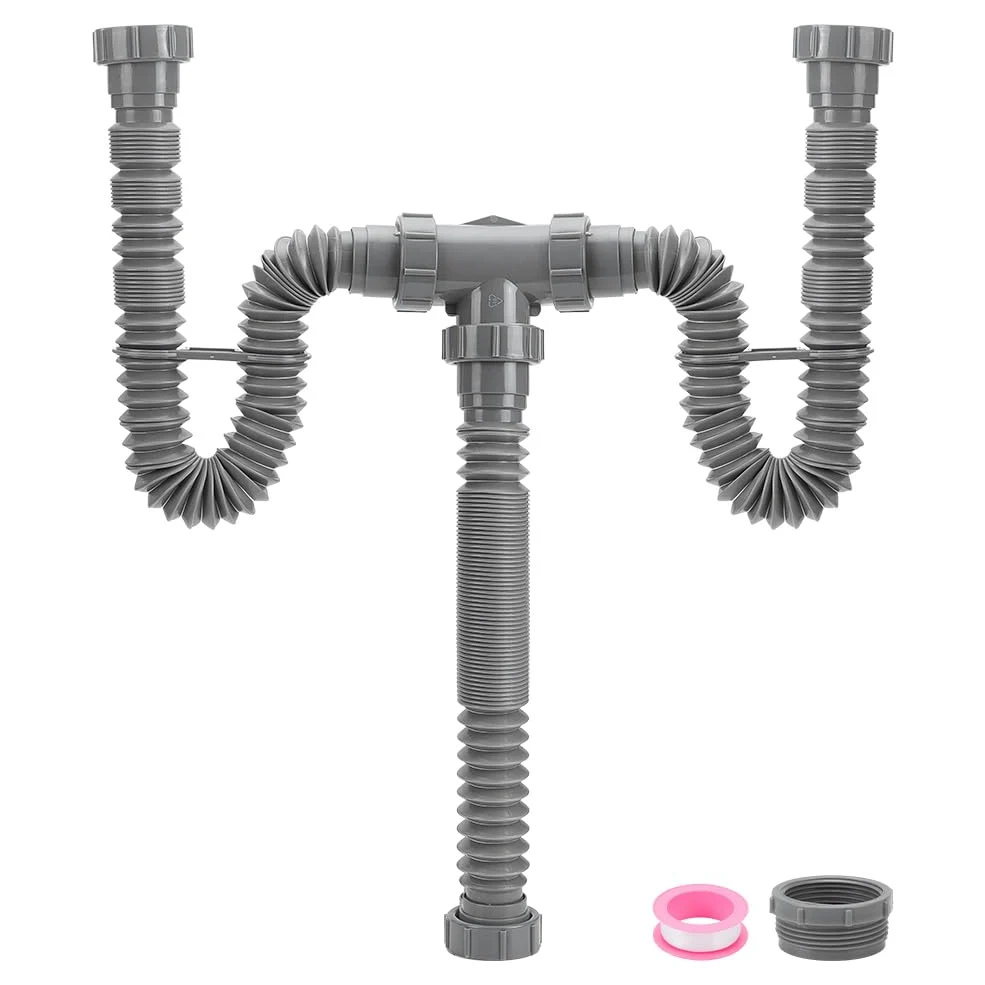 NBEADS Kit de drenaje de doble fregadero, trampa P flexible, juego de fontanería con 2 rollos de cinta de sellado PTFE, kit de tubos para cocina y baño con anillo de sellado, gris