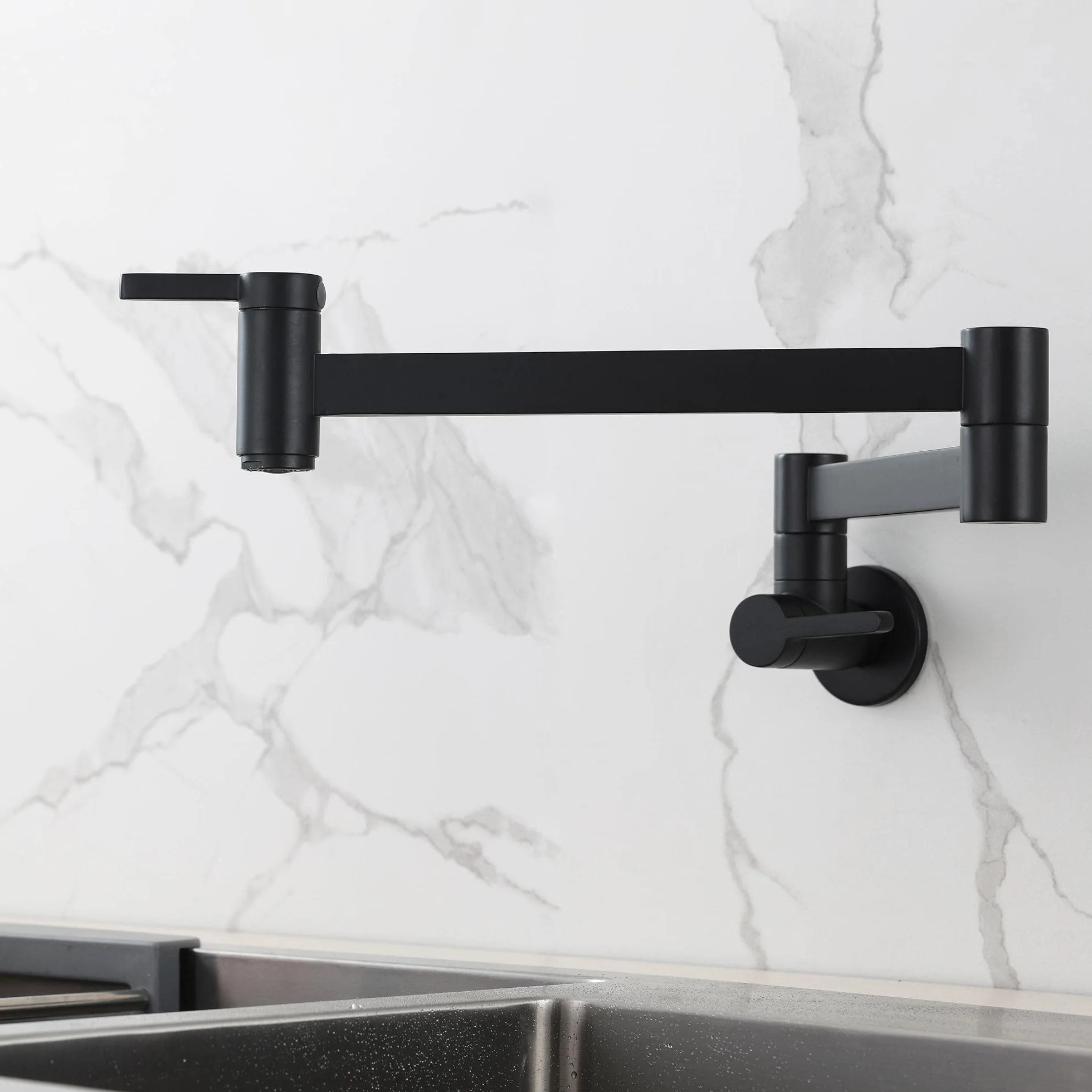 HomeLava Grifo de cocina montado en pared negro, Grifo latón plegable extensible doble junta 2 manijas
