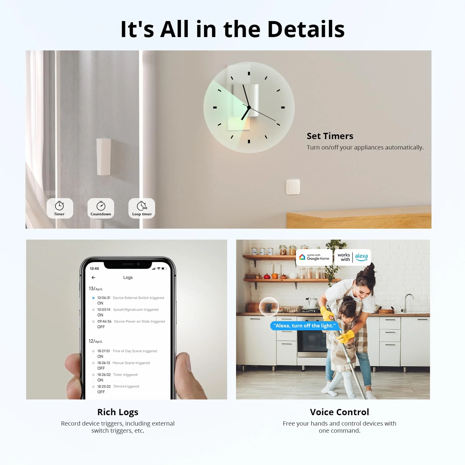 Wi-Fi Smart Switch de 2 Vías,SONOFF MINIR4 mini Interruptor Inteligente Wifi,Control APP, control por voz，Funciona con Alexa, Google Home Assistant.（10A 2400W）