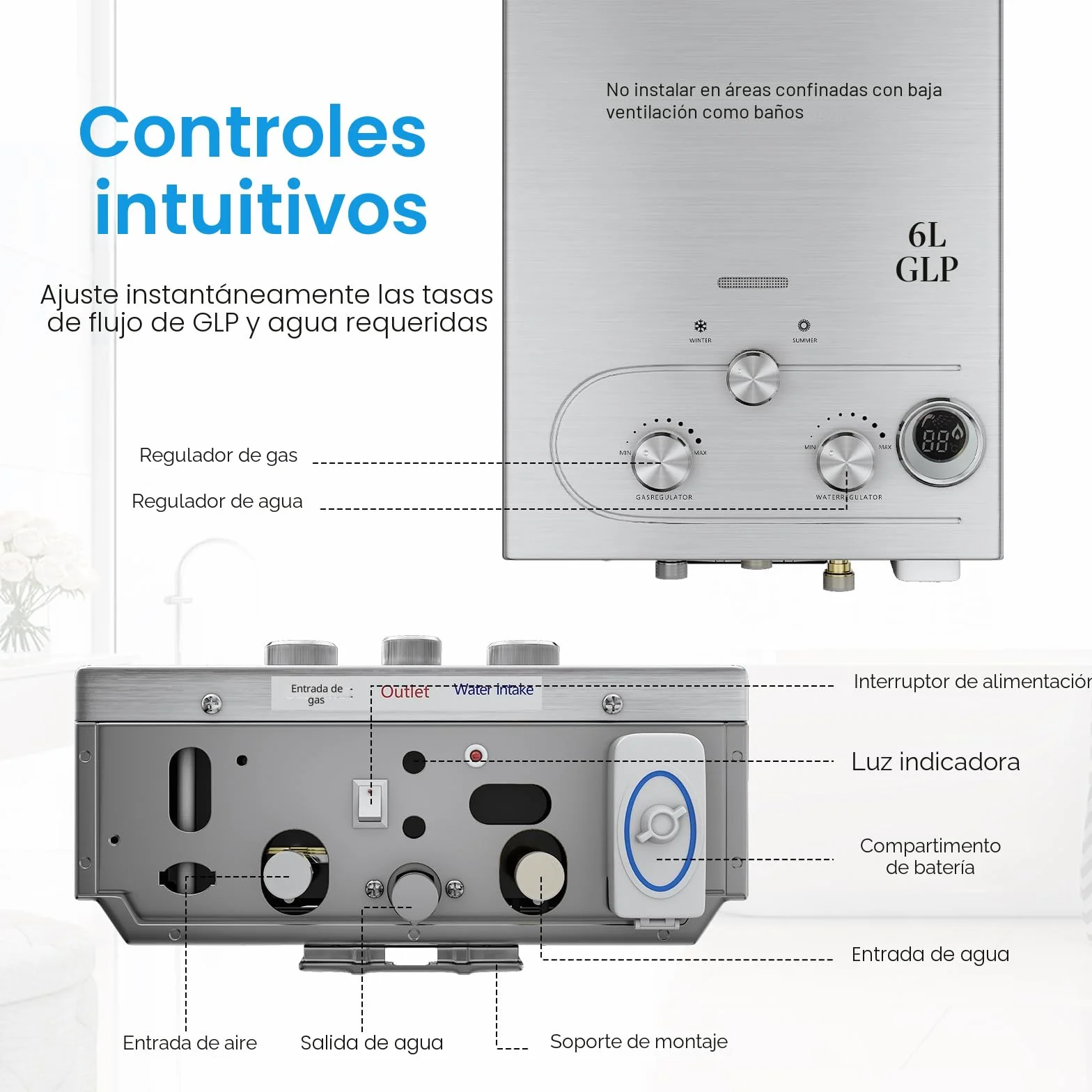 Calentador de agua a gas propano GPL 6L 16kw, modo invierno-verano, instantáneo sin depósito, kit ducha para camping RV casa