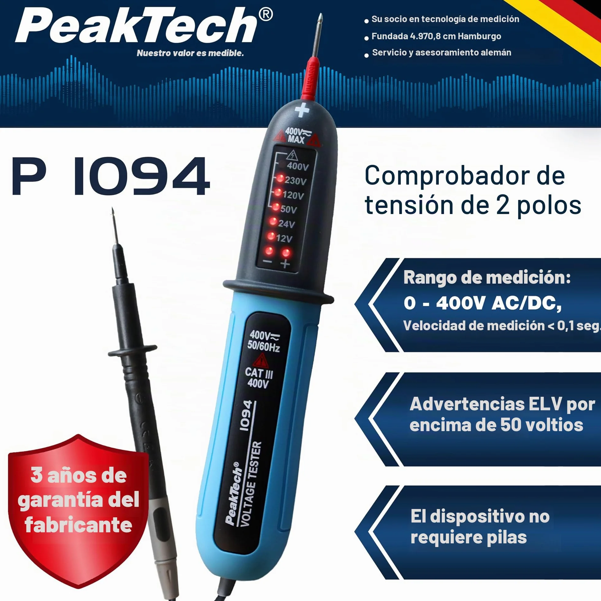 PeakTech P1094 Comprobador de tensión digital bipolar CA/CC 12V-400V Voltímetro con pantalla LED