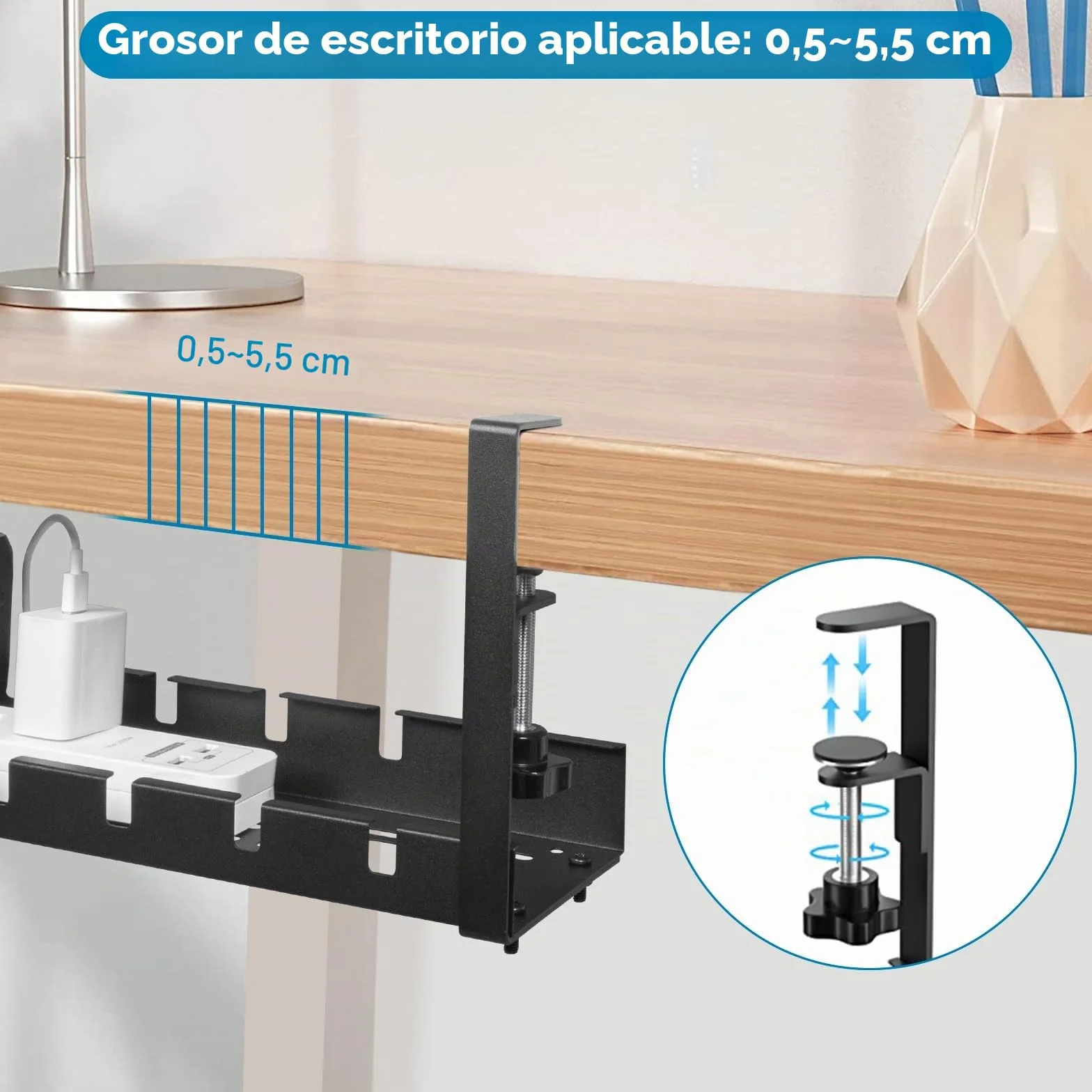 Organizador Cables Escritorio Retráctiles de 28,5CM a 55CM, Bandeja Cables Escritorio sin Taladrar, Gestión de Cables Debajo del Escritorio, Cesta de Bandeja de Cables para Hogar u Oficina