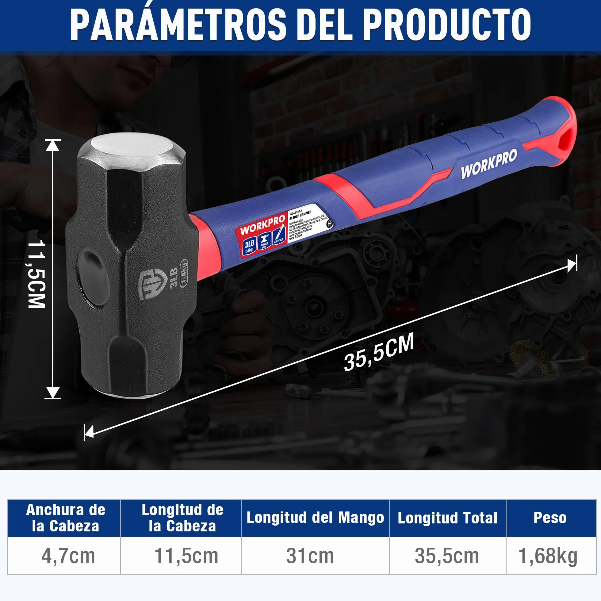 WORKPRO Martillo de Club de 3 LB/1,4 KG con Mango de Fibra de Vidrio, Martillo de 35,5cm, Cabeza de Acero Forjado y Tratado Térmicamente, para Construcción, Roca, Carpintería, Cincelado, Hogar