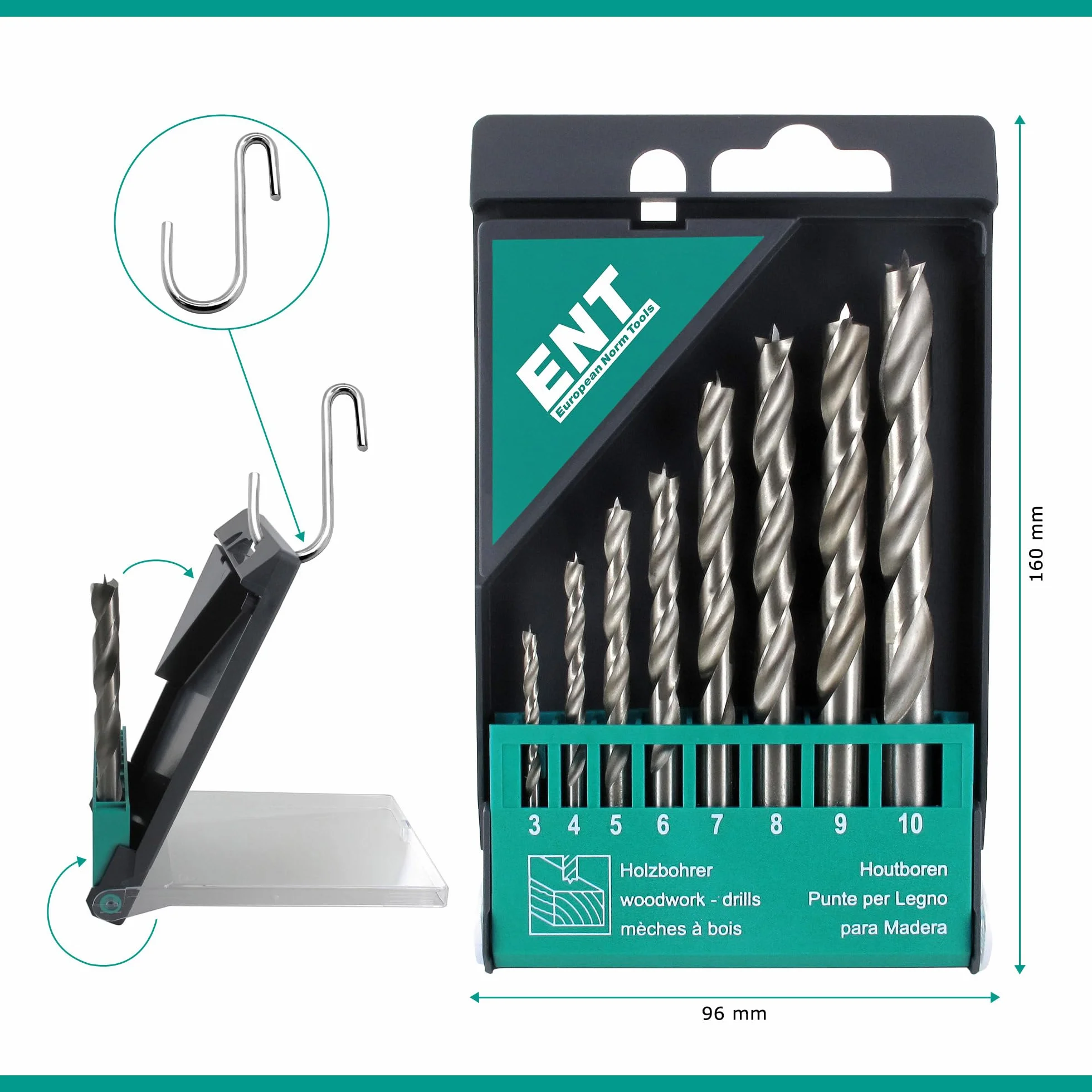 ENT 09248 Juego de 8 brocas para madera HSS-G - 3-10 mm - brocas helicoidales afiladas en HSS