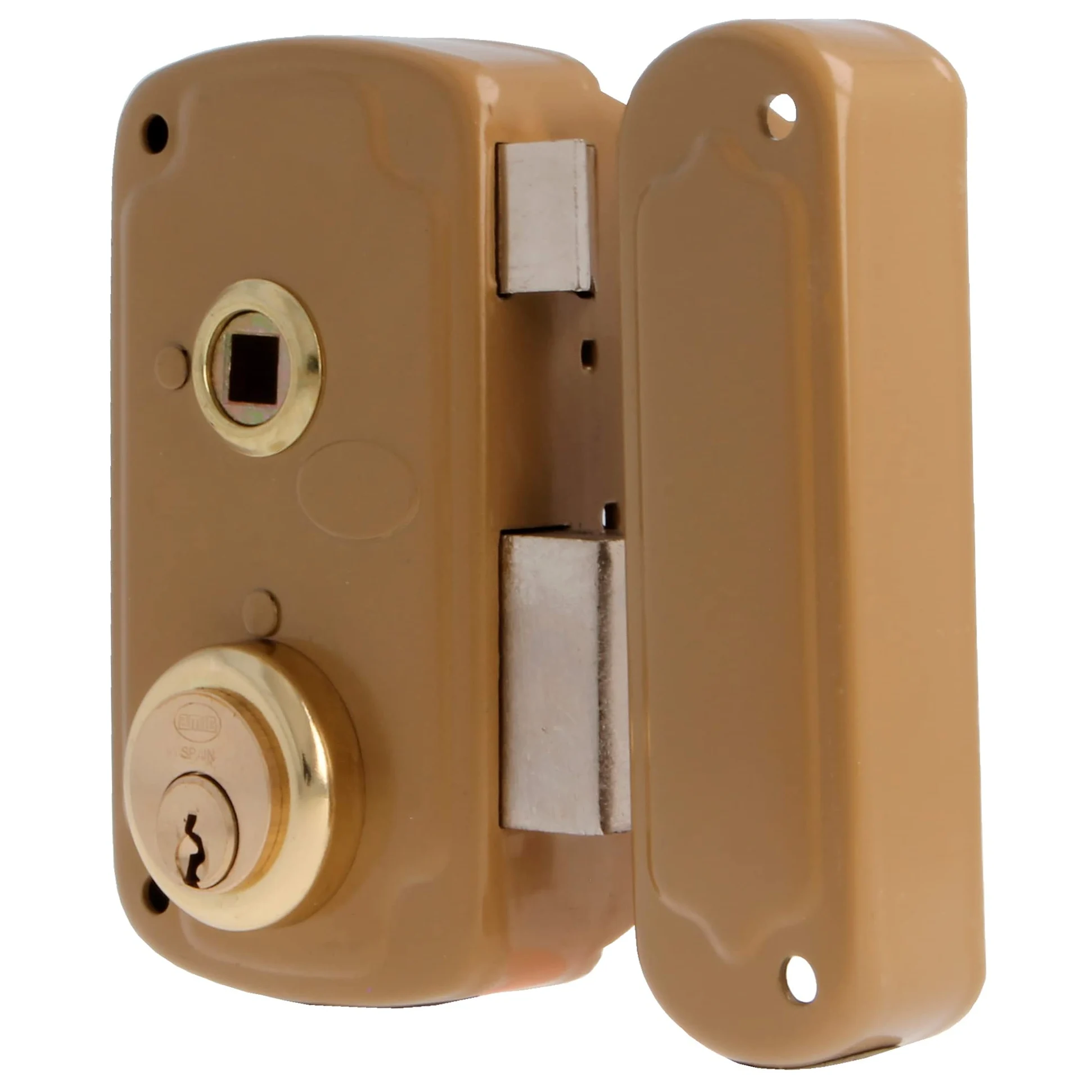 Amig - Cerradura de Sobreponer de Derecha con Palanca de Cierre, Lengüeta y Tirador para Puertas de Madera Mod. 75UN 66 x 120 mm Cilindro Redondo de Seguridad Acero Dorado